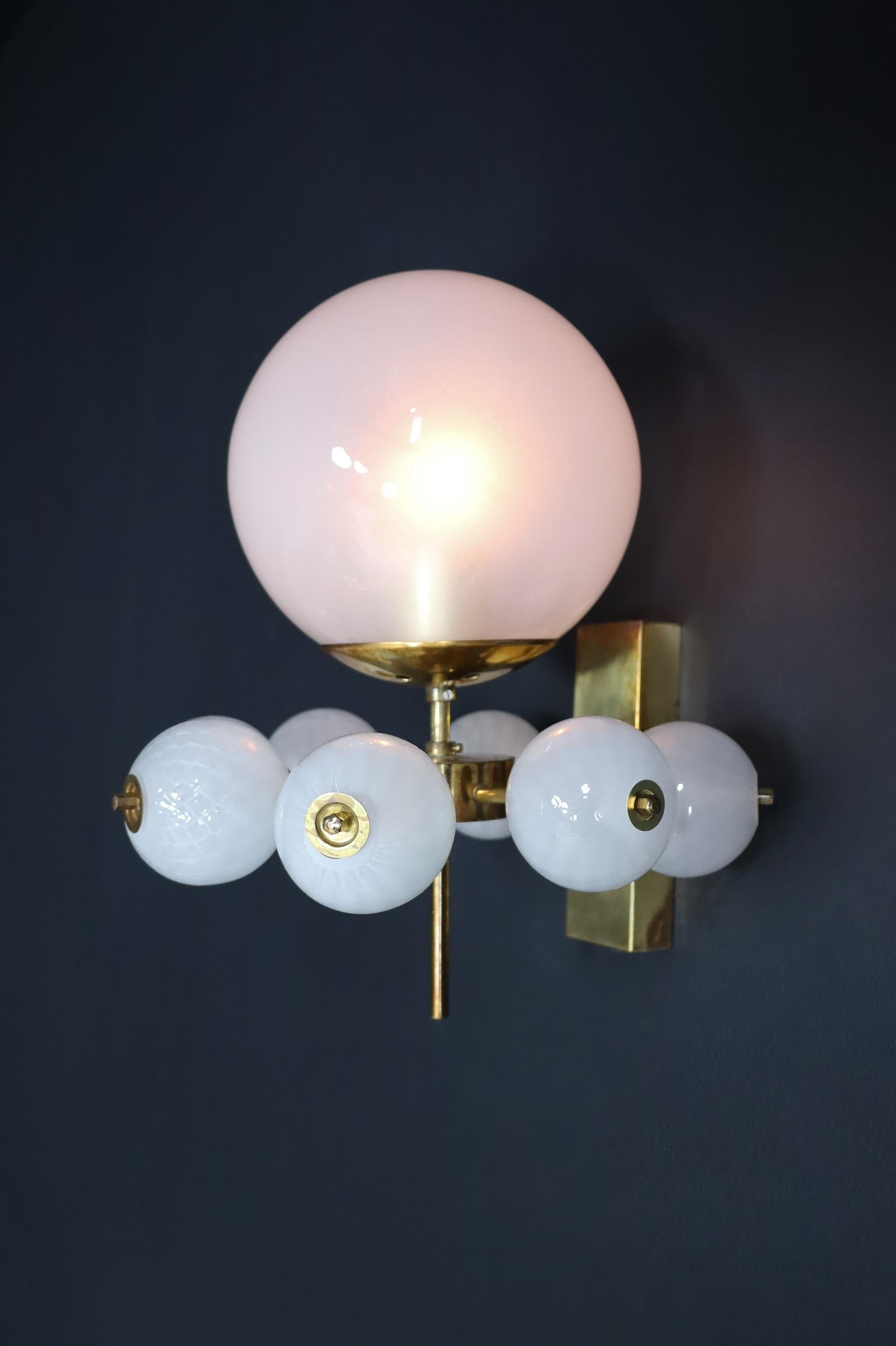 Mid-Century Wall Lights with Brass Fixture & Hand-Blown Pearl-White Glass Globes For Sale 4