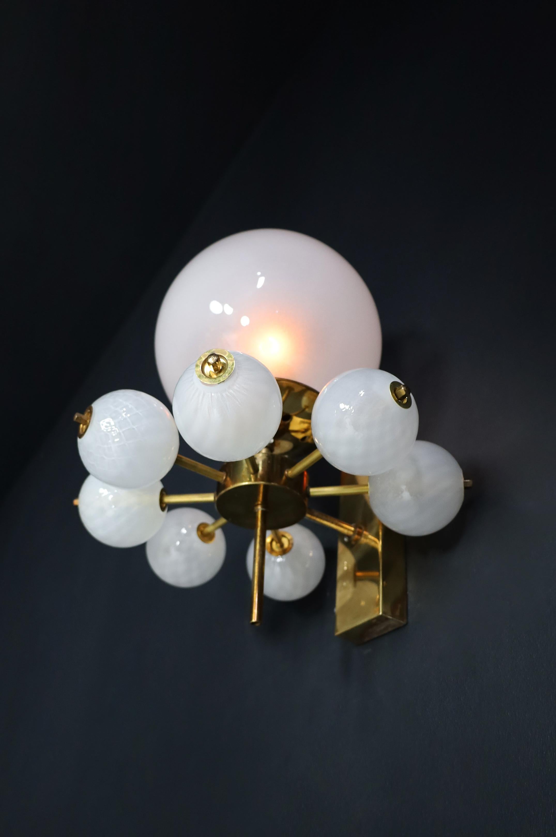 Mid-Century Wall Lights with Brass Fixture & Hand-Blown Pearl-White Glass Globes For Sale 5