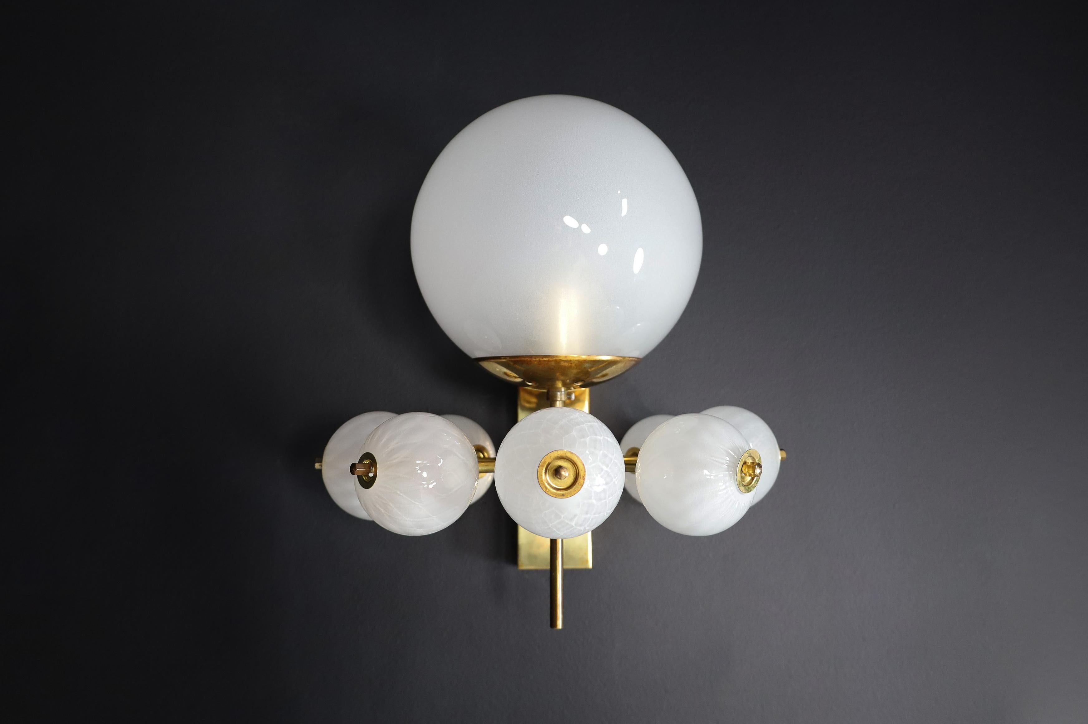 Mid-Century Modern Mid-Century Wall Lights with Brass Fixture & Hand-Blown Pearl-White Glass Globes For Sale