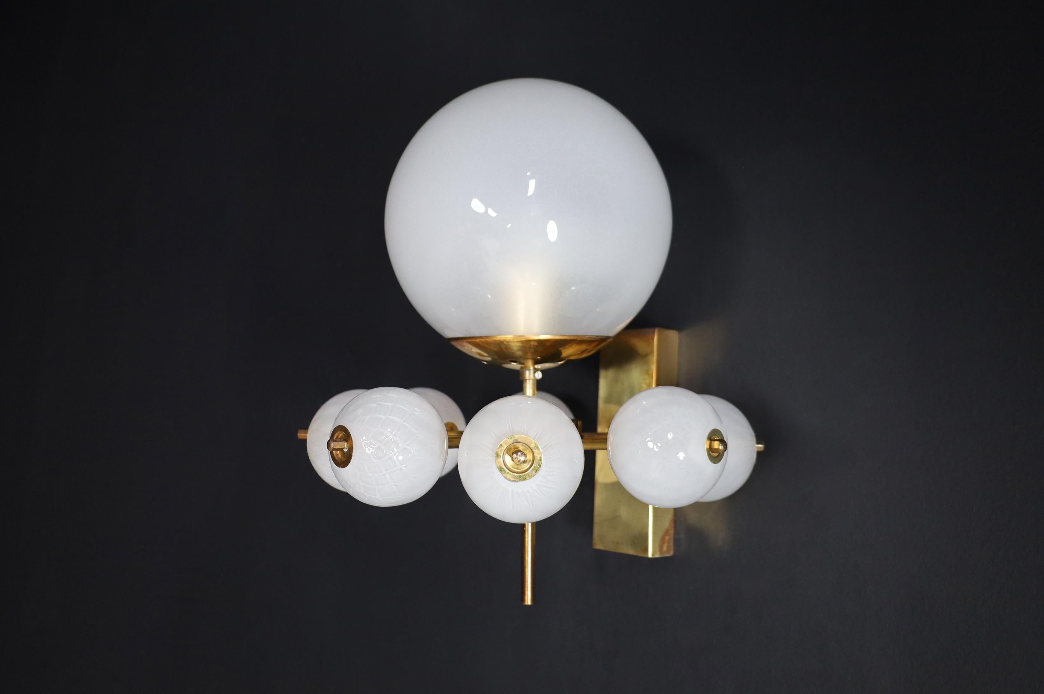Czech Mid-Century Wall Lights with Brass Fixture & Hand-Blown Pearl-White Glass Globes For Sale