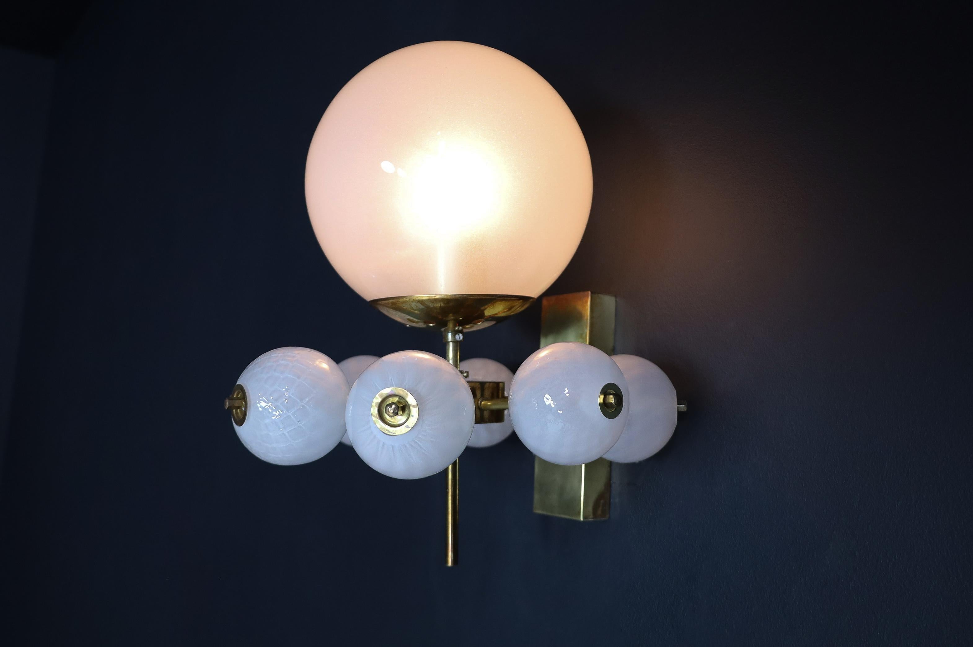 Mid-Century Wall Lights with Brass Fixture & Hand-Blown Pearl-White Glass Globes In Good Condition For Sale In Almelo, NL