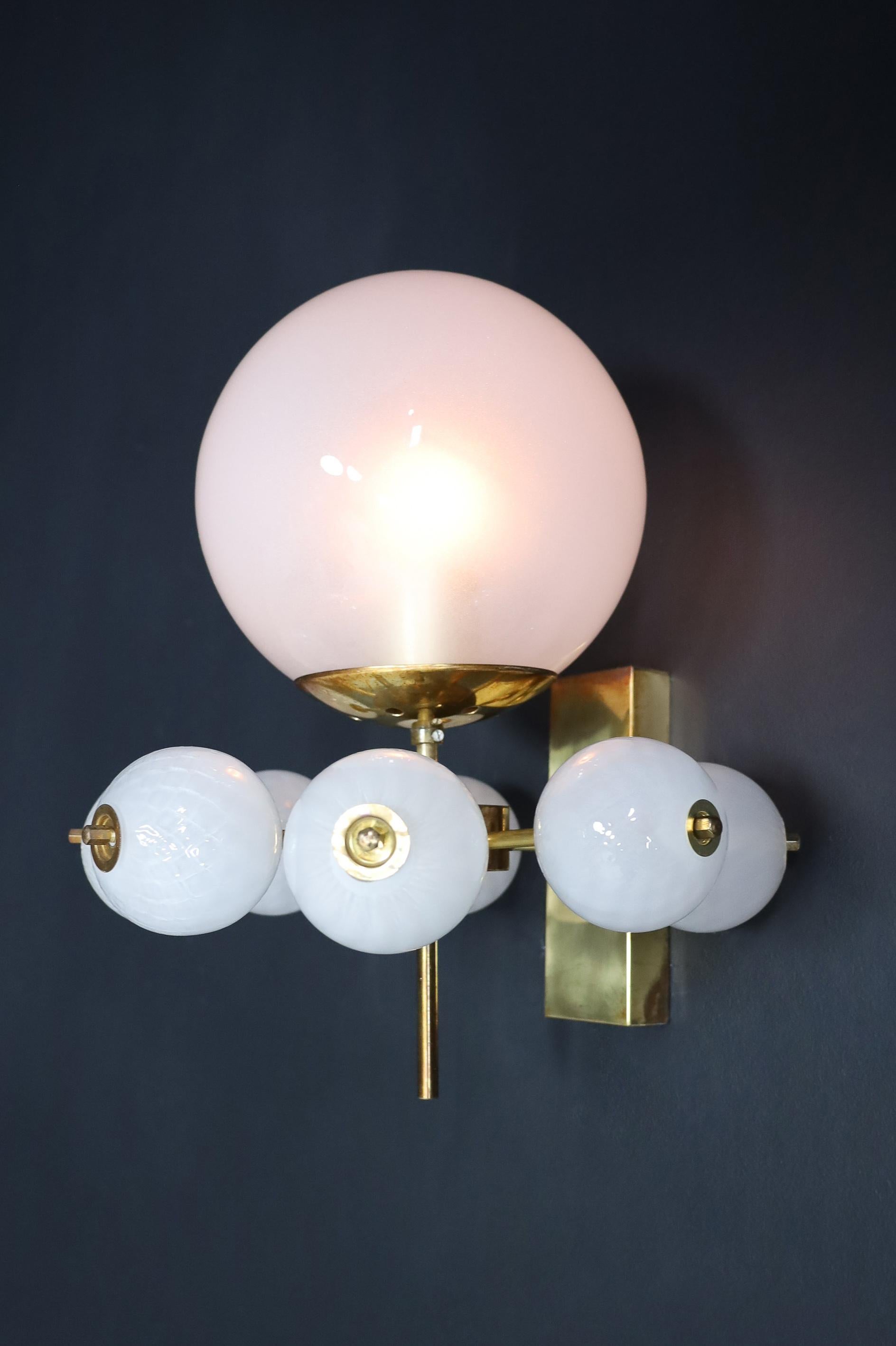 Late 20th Century Mid-Century Wall Lights with Brass Fixture & Hand-Blown Pearl-White Glass Globes For Sale