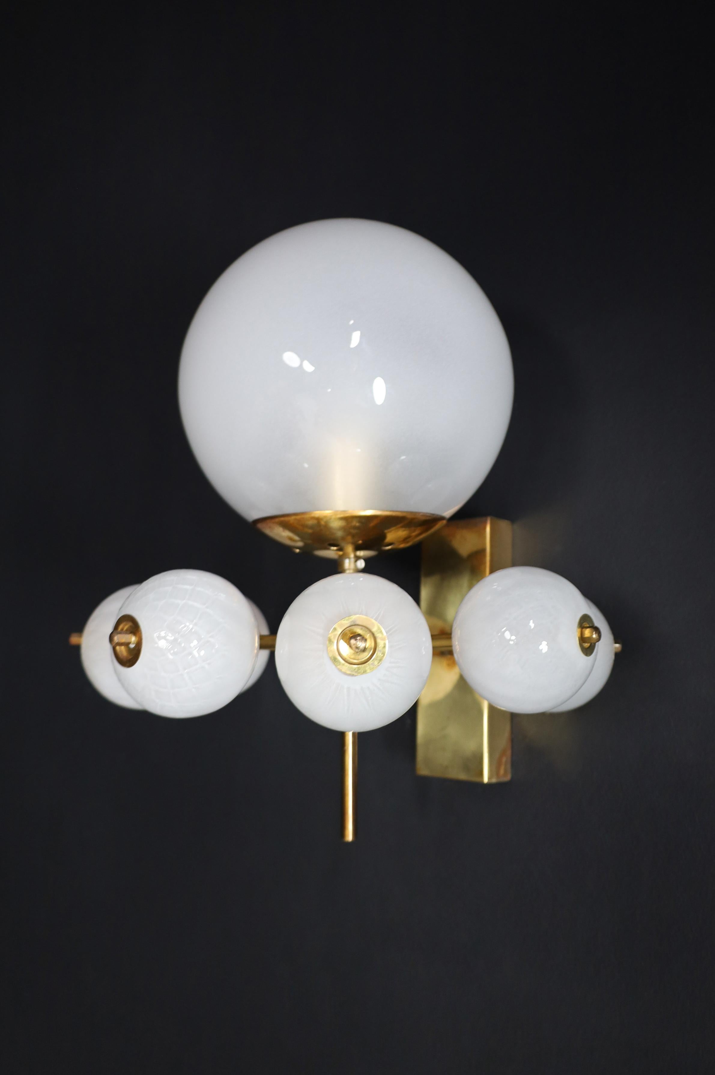 Mid-Century Wall Lights with Brass Fixture & Hand-Blown Pearl-White Glass Globes For Sale 1