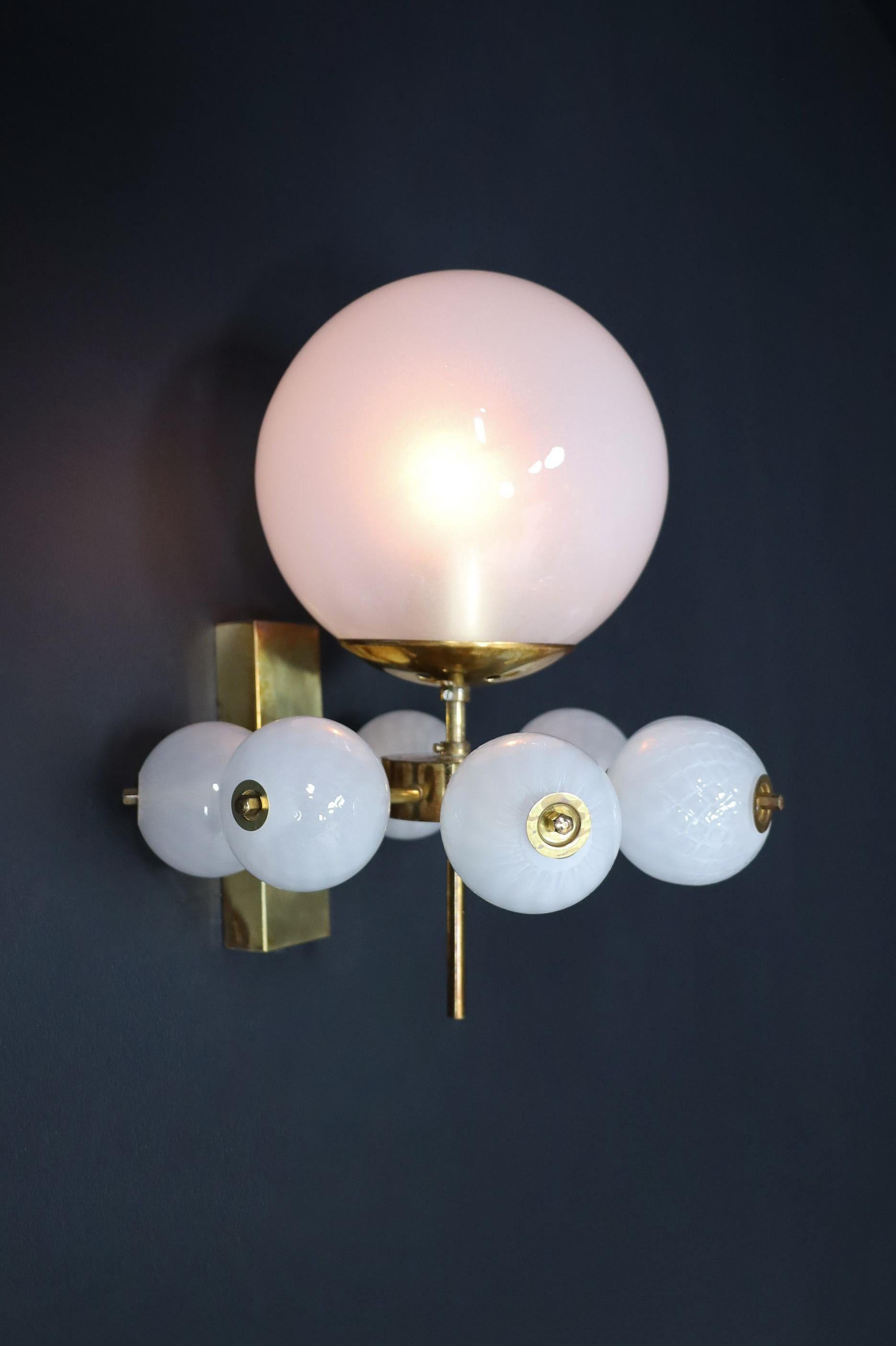 Mid-Century Wall Lights with Brass Fixture & Hand-Blown Pearl-White Glass Globes For Sale 2