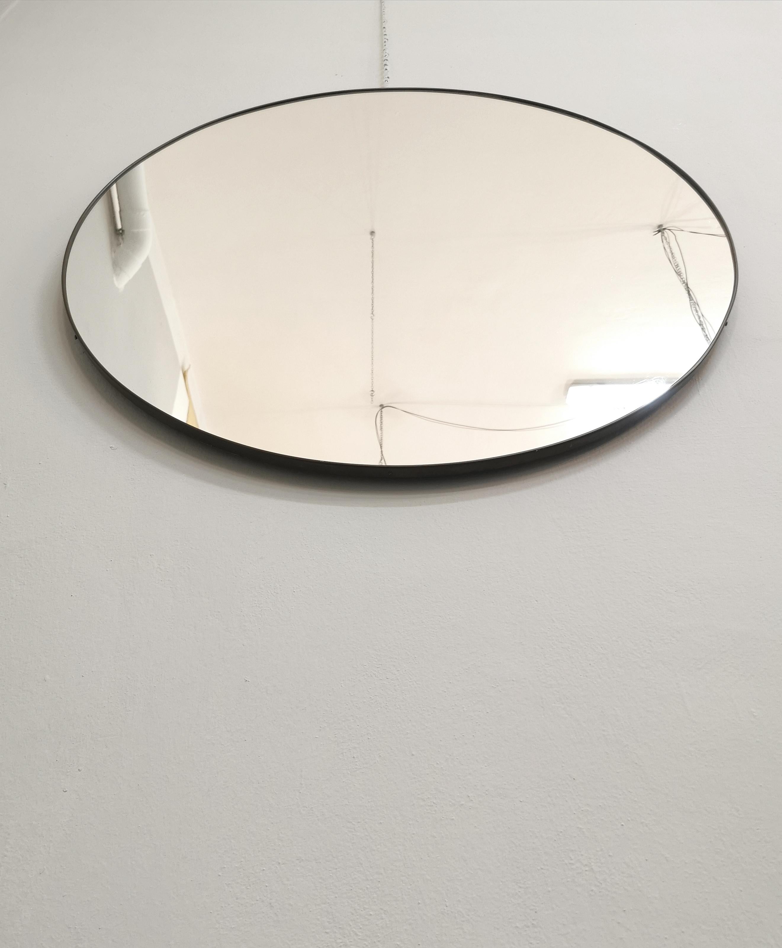 Mid-Century Modern Mid -Century Wall Mirror Brass Wood Large Round Italian Design, 1950s