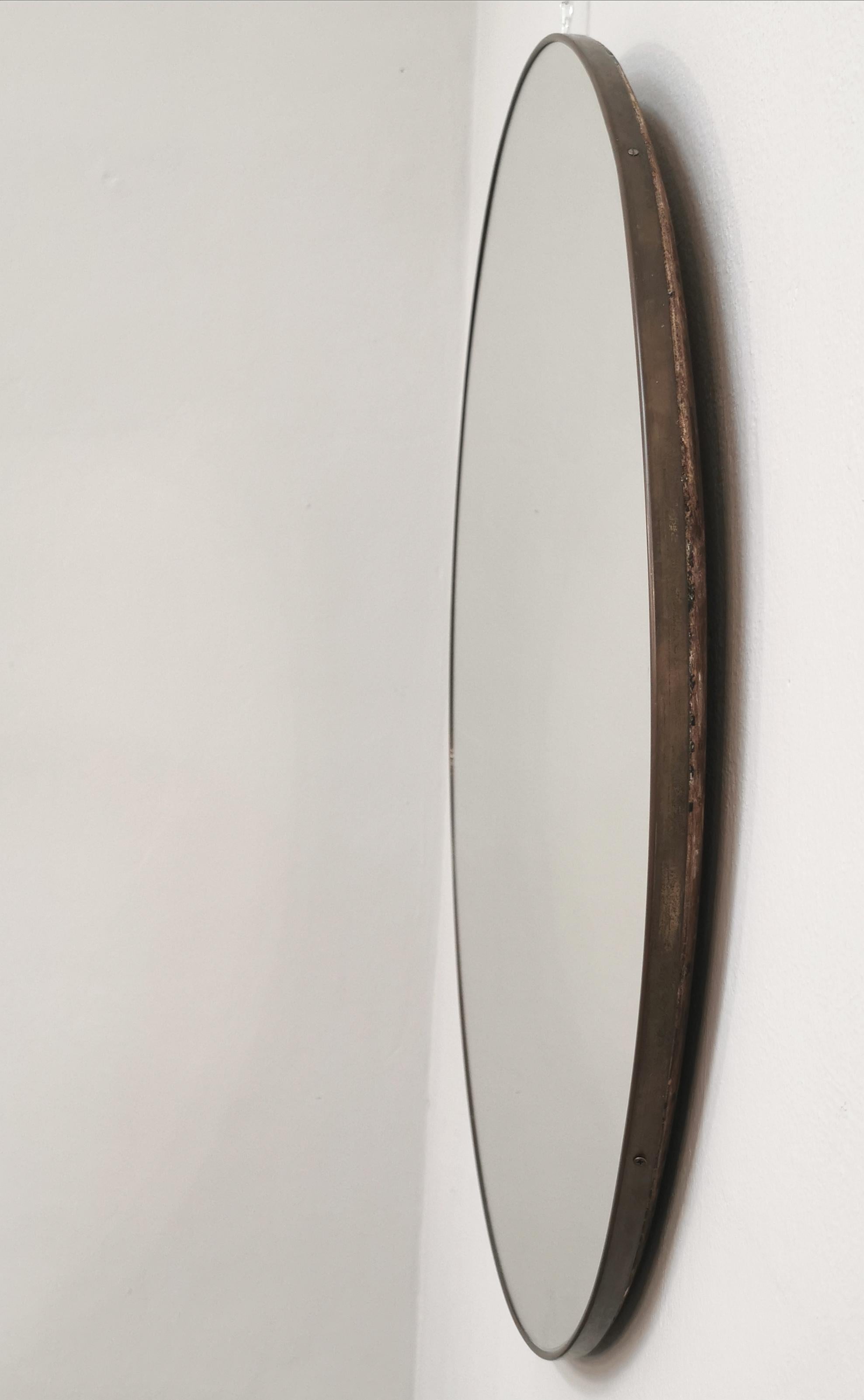 20th Century Mid -Century Wall Mirror Brass Wood Large Round Italian Design, 1950s