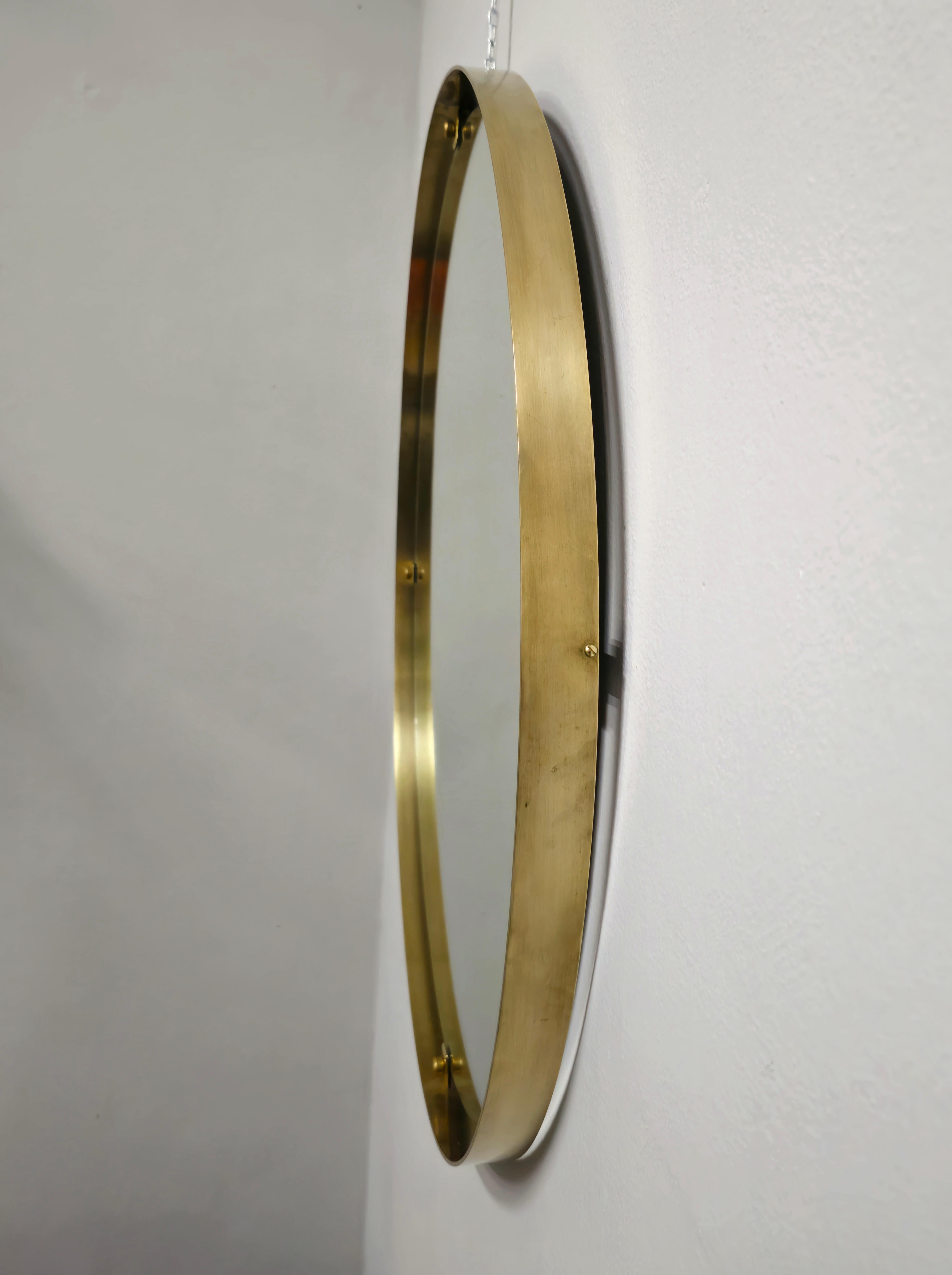 Mid -Century Modern Wall Mirror Brass Wood Large Round Italian Design, 1960s 4