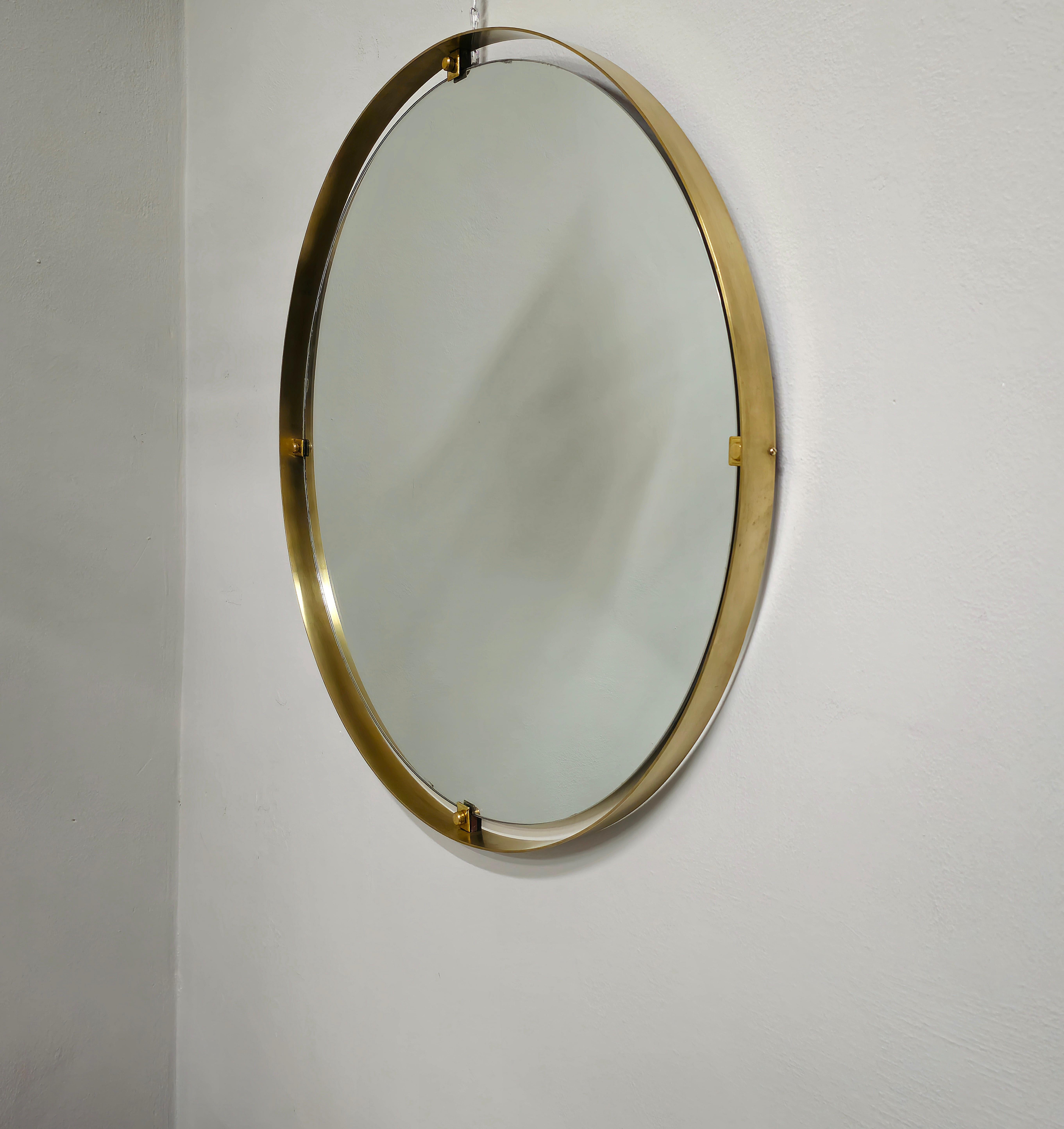 Mid -Century Modern Wall Mirror Brass Wood Large Round Italian Design, 1960s 5