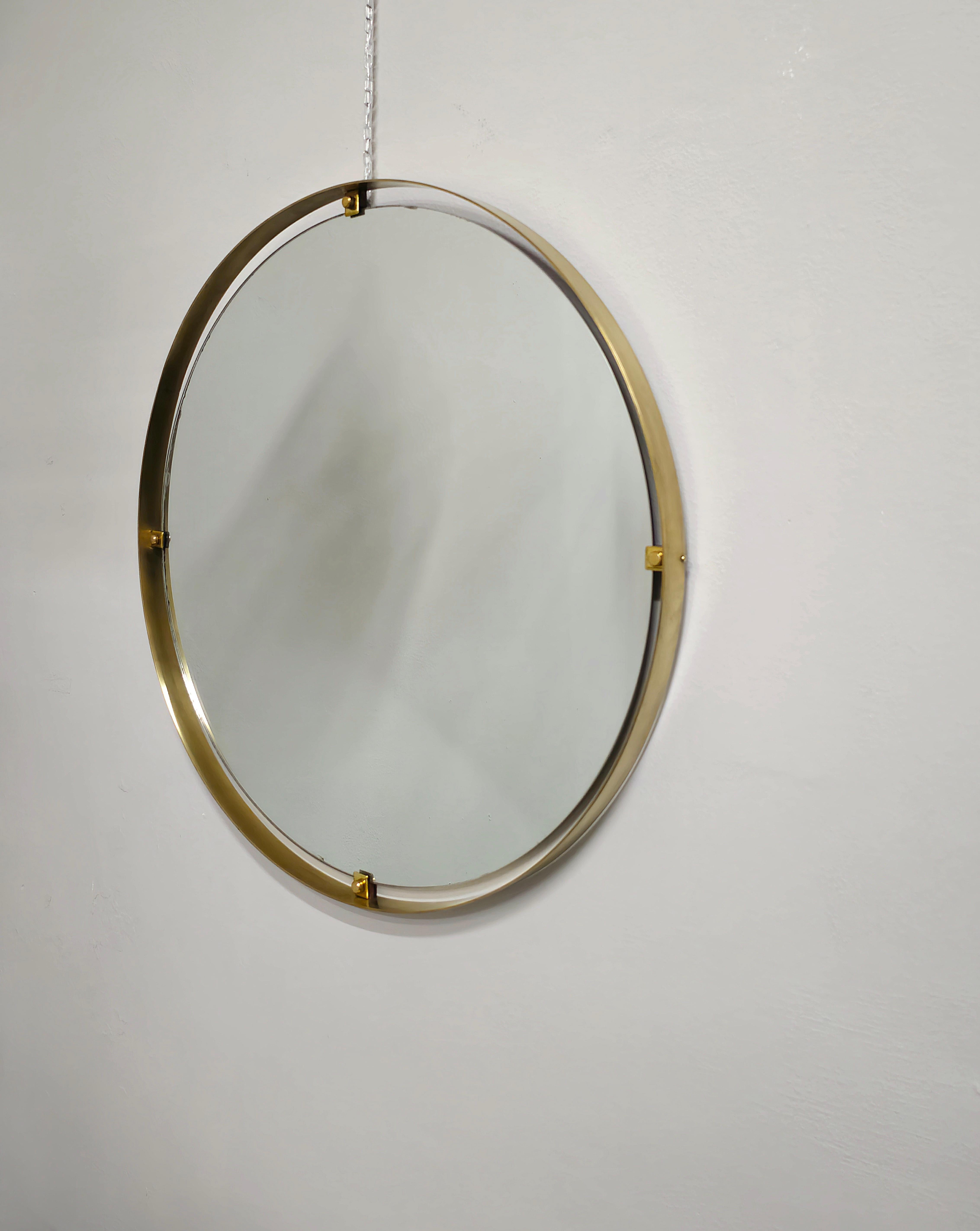 Mid -Century Modern Wall Mirror Brass Wood Large Round Italian Design, 1960s 7