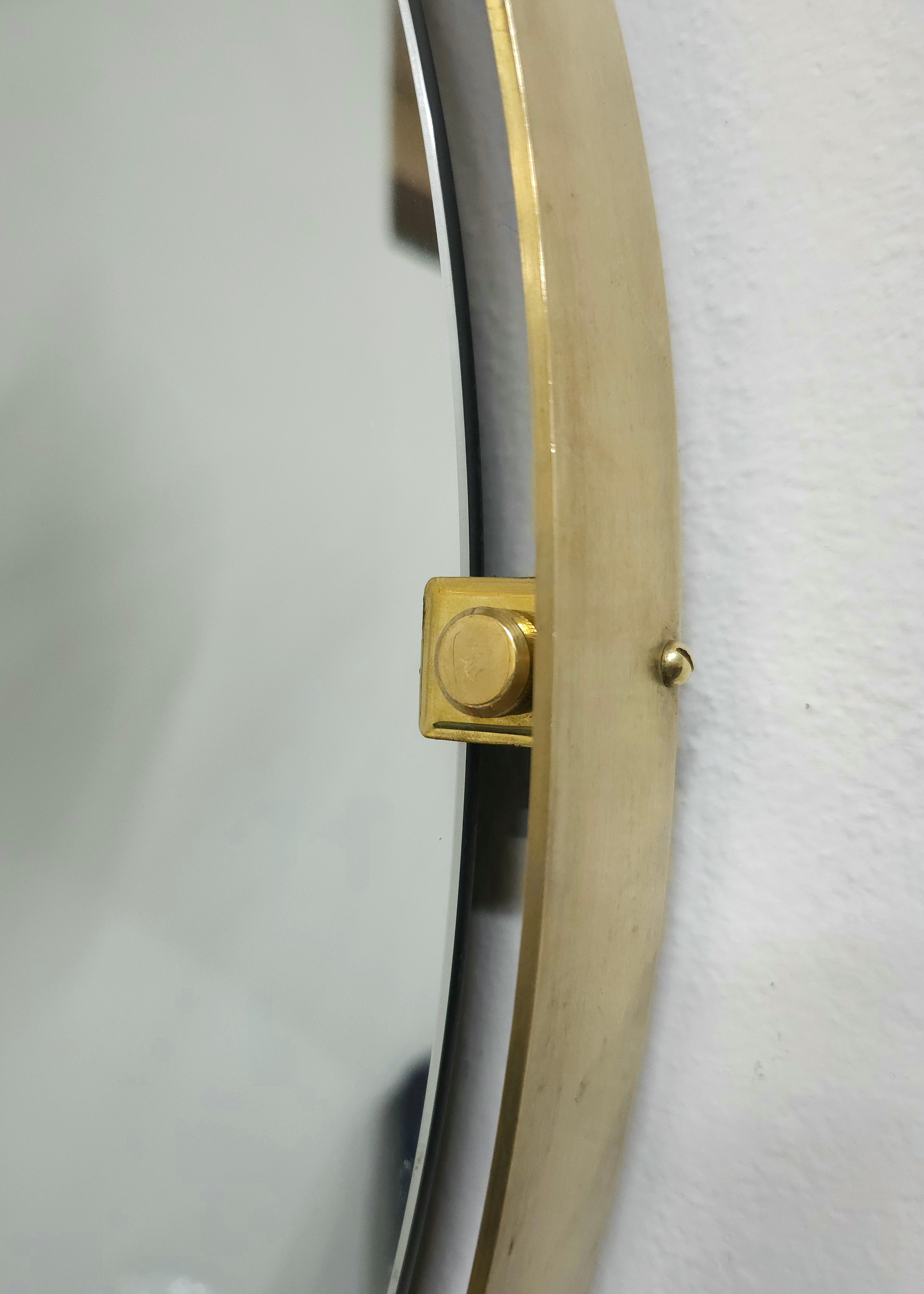 20th Century Mid -Century Modern Wall Mirror Brass Wood Large Round Italian Design, 1960s