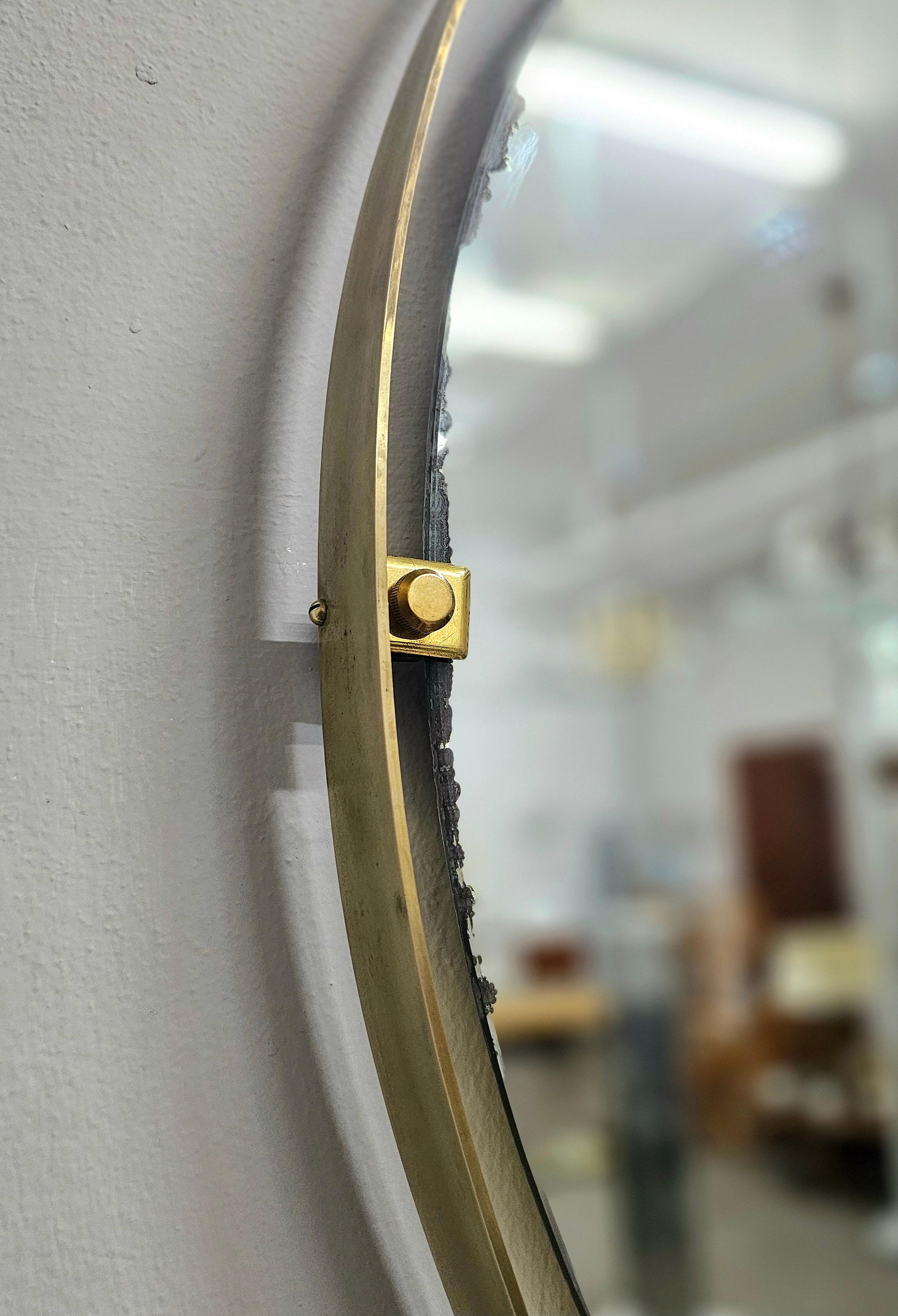 Metal Mid -Century Modern Wall Mirror Brass Wood Large Round Italian Design, 1960s