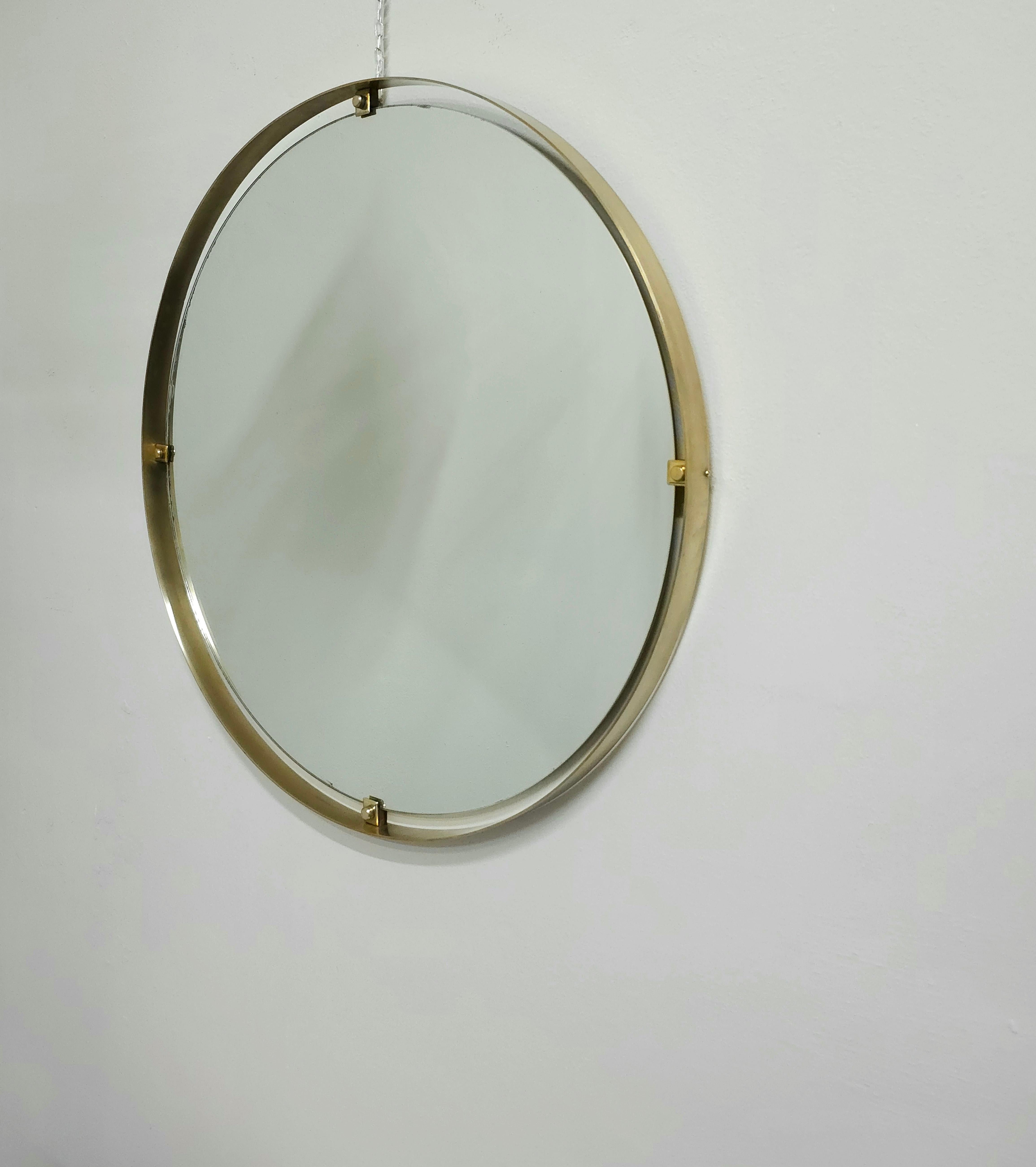 Mid -Century Modern Wall Mirror Brass Wood Large Round Italian Design, 1960s 1