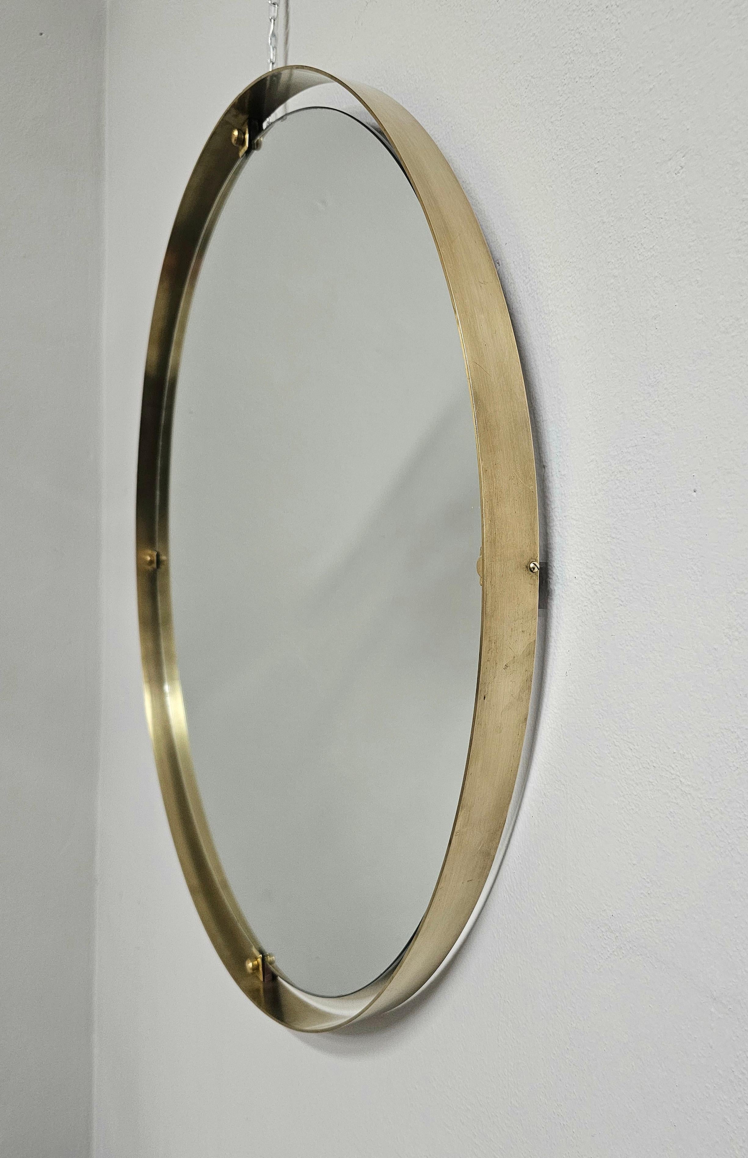 Mid -Century Modern Wall Mirror Brass Wood Large Round Italian Design, 1960s 2