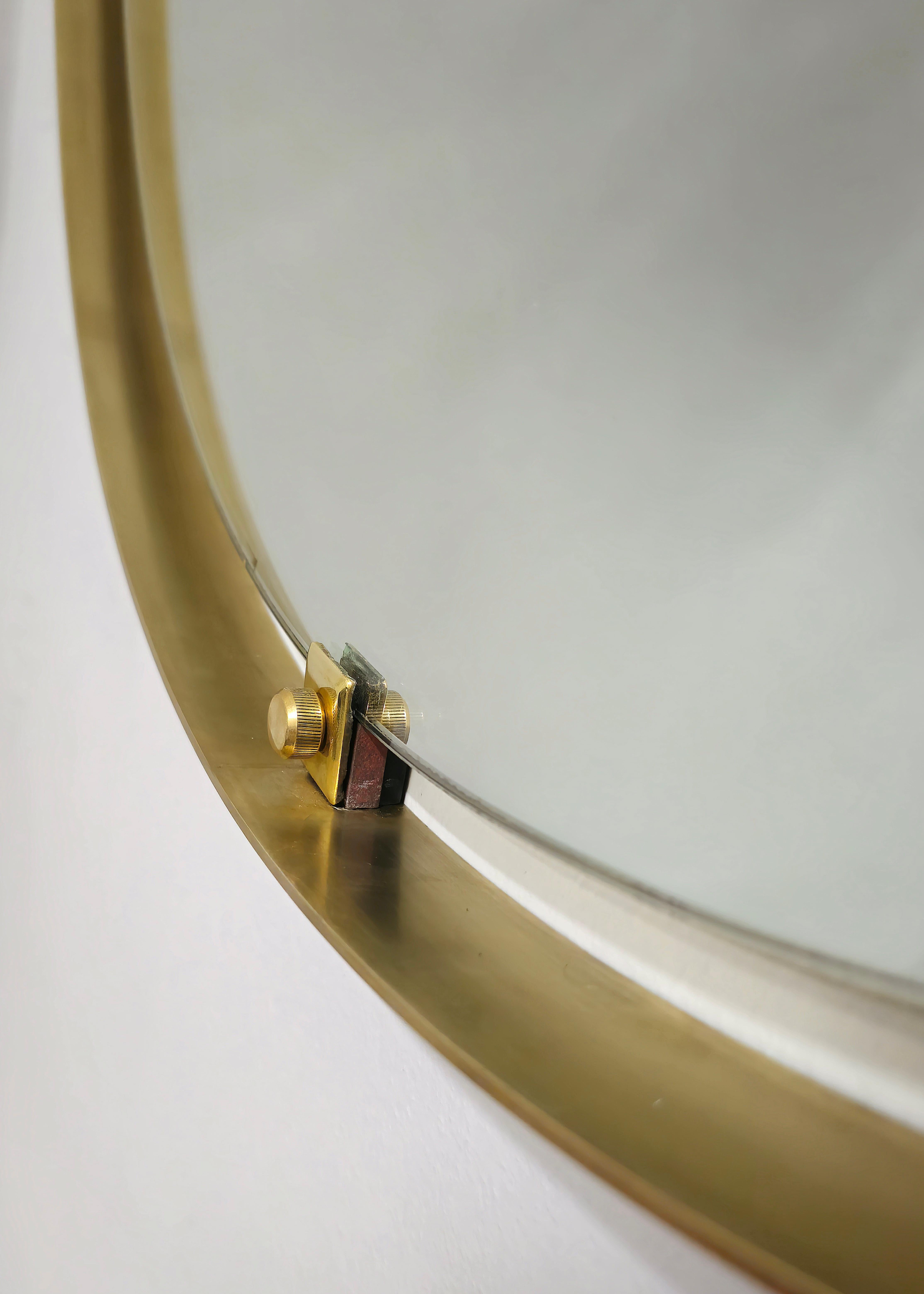 Mid -Century Modern Wall Mirror Brass Wood Large Round Italian Design, 1960s 3