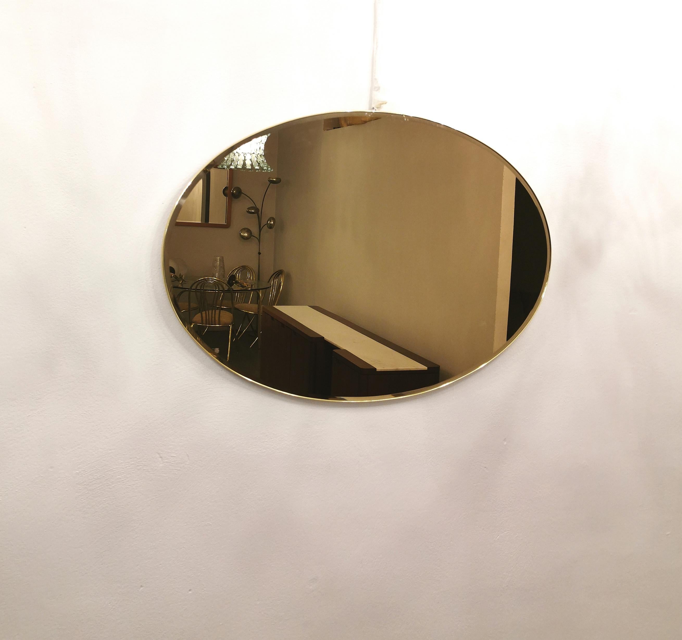 Mid-Century Modern Wall Mirror Bronzed Glass Oval Brass Golden Midcentury Italian Design 1970s For Sale