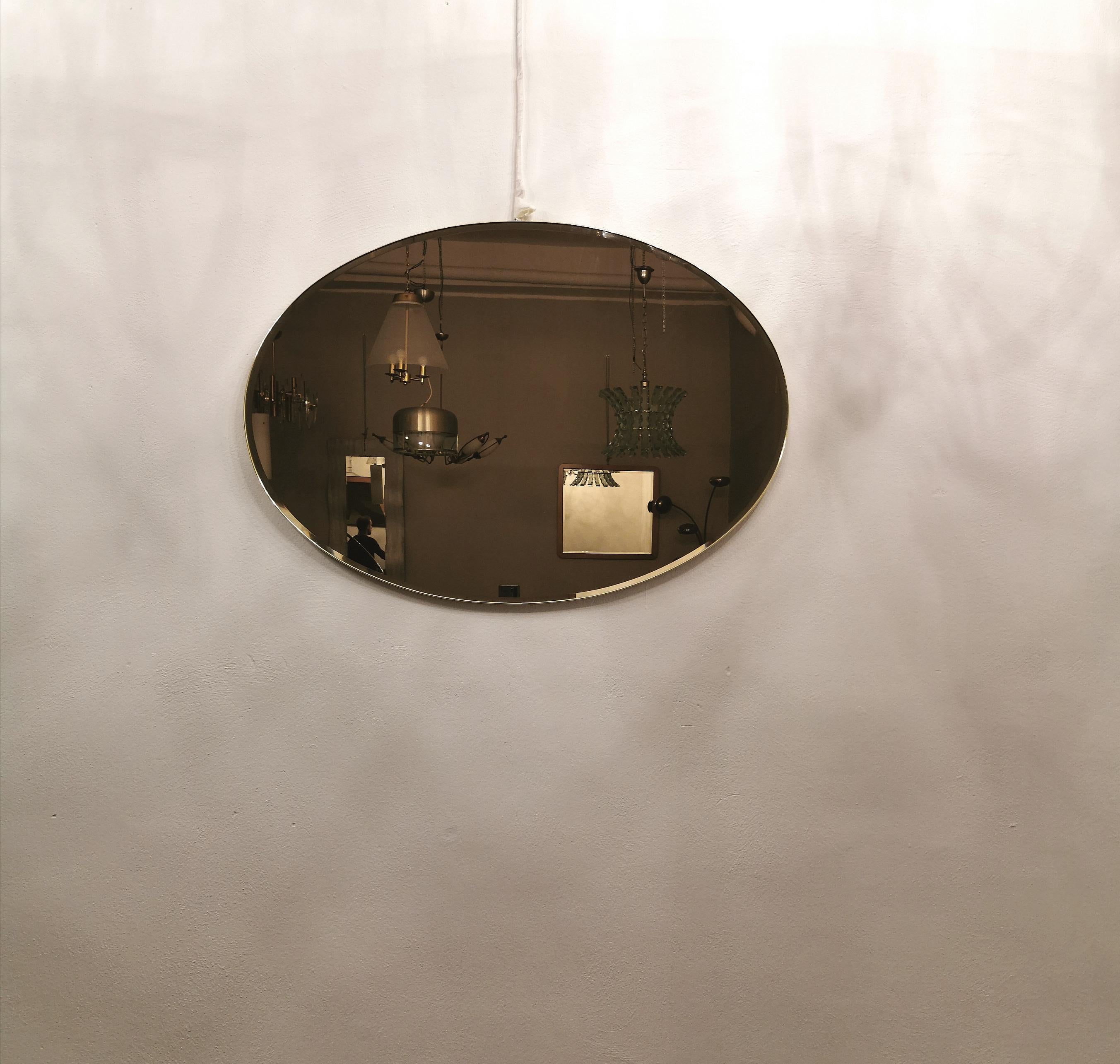 Wall Mirror Bronzed Glass Oval Brass Golden Midcentury Italian Design 1970s For Sale 1