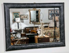 Mid-Century Wall Mirror Decorated Distressed Leather Upholstered Frame