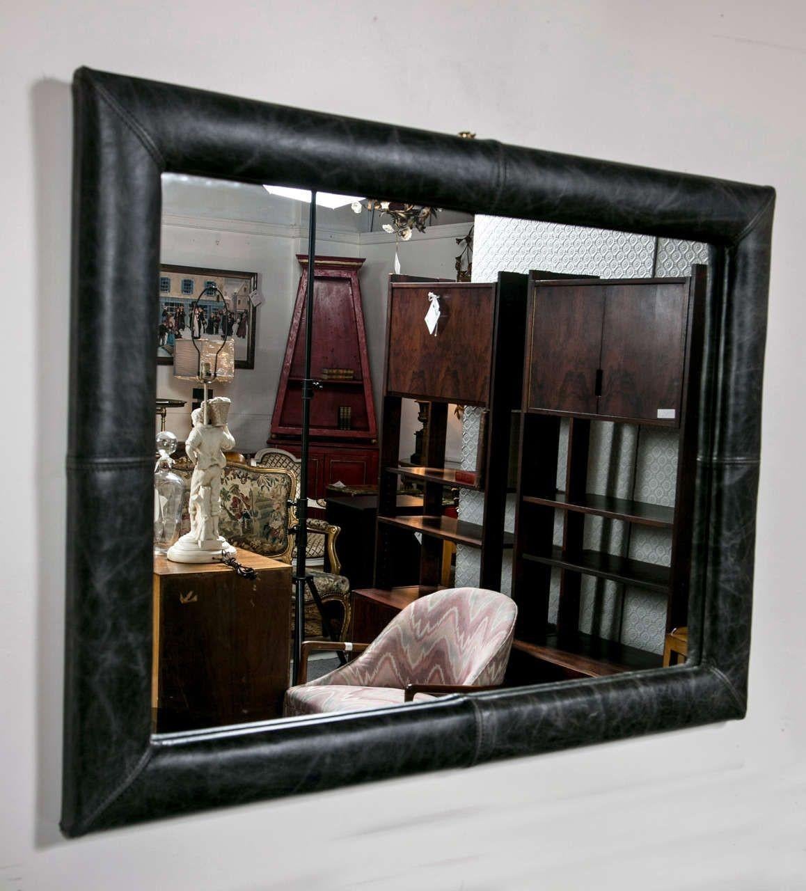 Mid-Century Wall Mirror Decorated Distressed Leather Upholstered Frame In Good Condition For Sale In Stamford, CT
