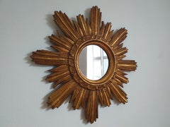 Midcentury Wall Mirror Gilted Wood Sunburst Starburst Stucco, Italy, 1950s