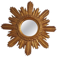 Midcentury Wall Mirror Gilted Wood Sunburst Starburst Stucco, Italy, 1950s
