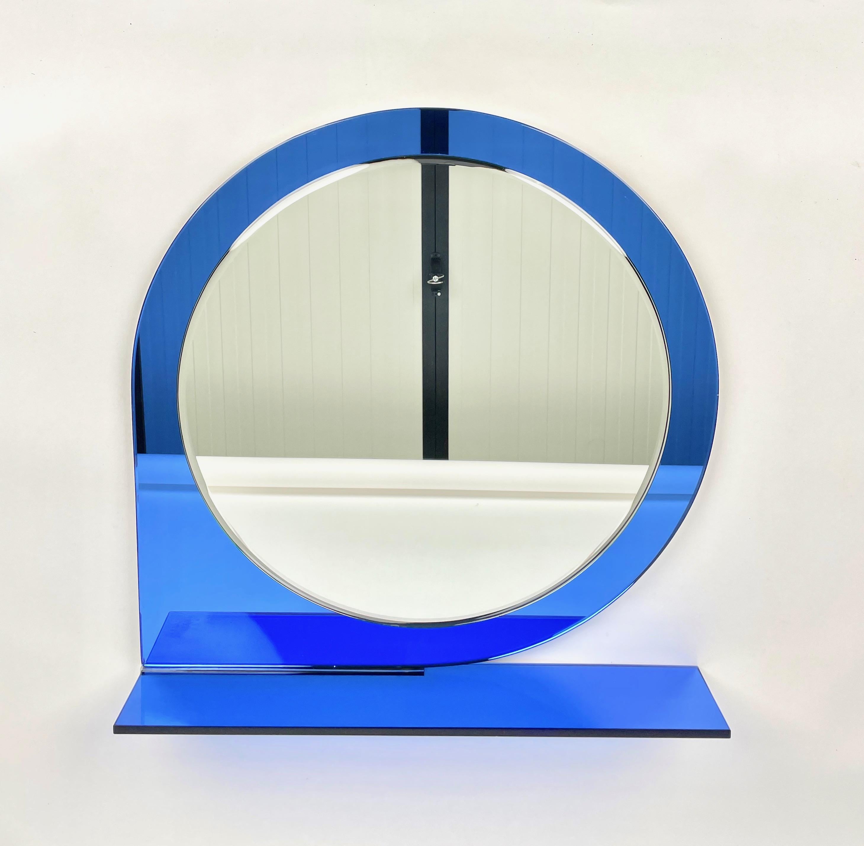 Mid-Century Modern Mid-Century Wall Mirror & Shelf Blue by Sena Cristal, 1970s For Sale