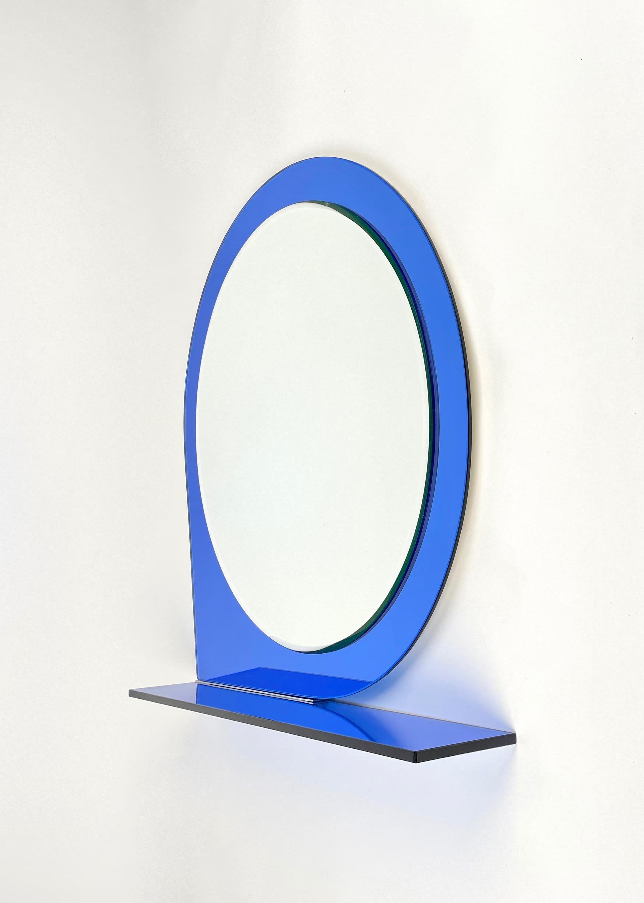 Italian Mid-Century Wall Mirror & Shelf Blue by Sena Cristal, 1970s For Sale