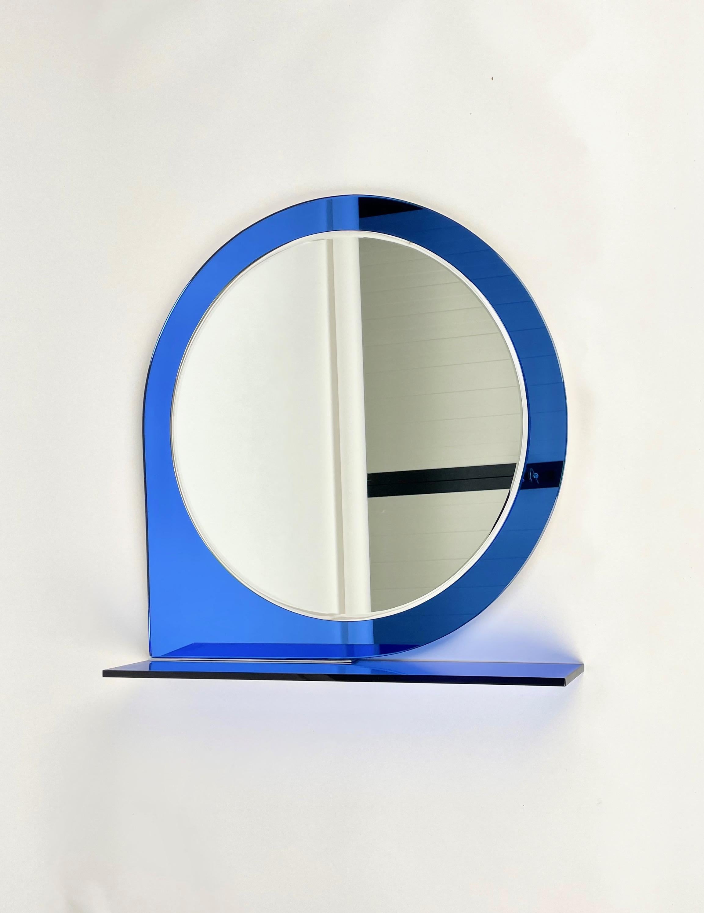 Late 20th Century Mid-Century Wall Mirror & Shelf Blue by Sena Cristal, 1970s For Sale