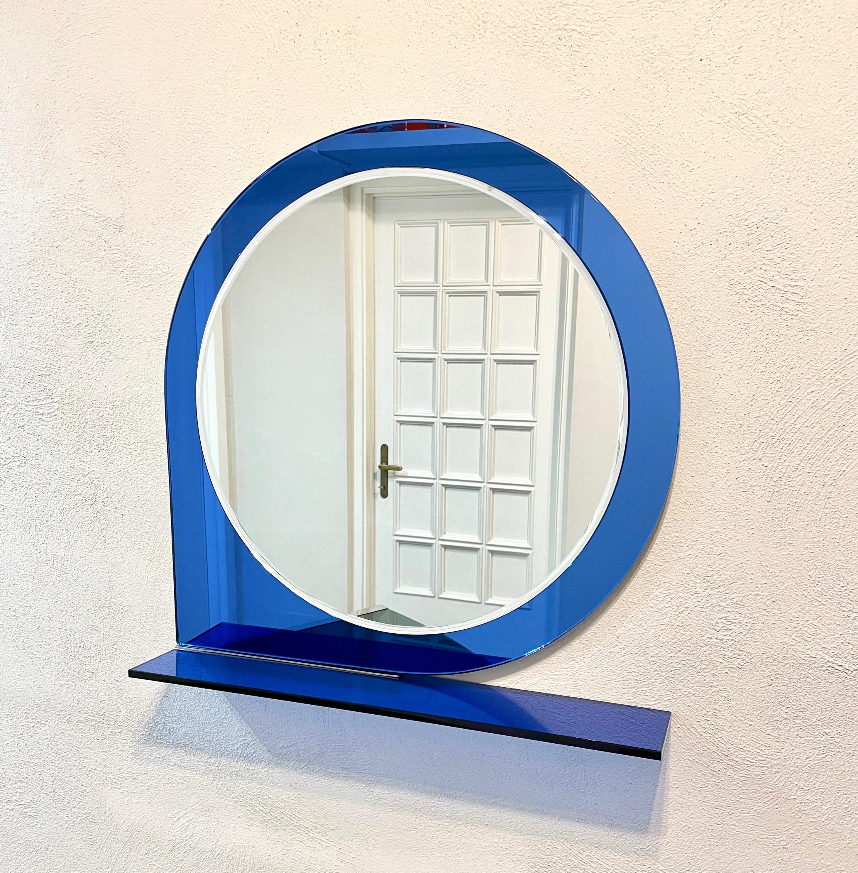Metal Mid-Century Wall Mirror & Shelf Blue by Sena Cristal, 1970s For Sale