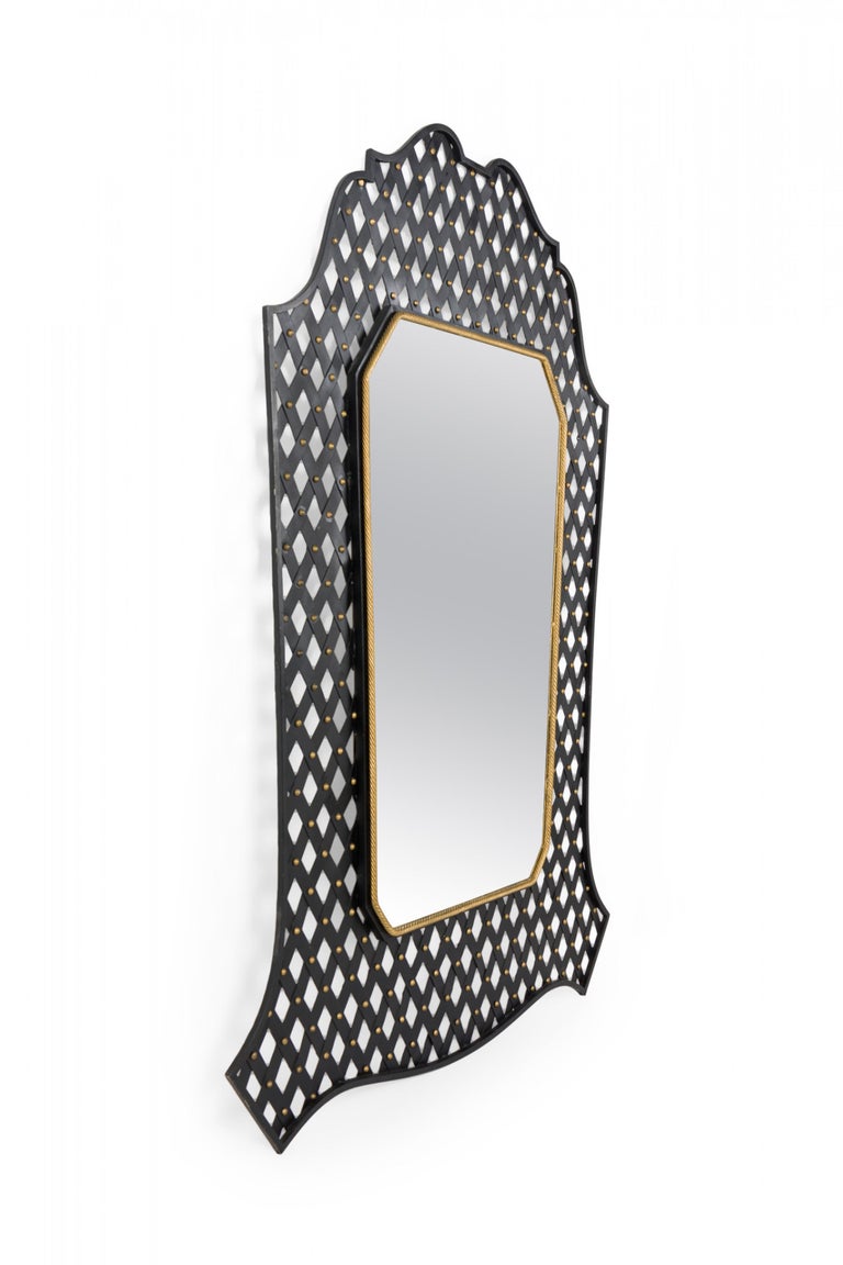MidCentury Wall Mirror with Black Metal Lattice Frame and Gilt Detailing For Sale at 1stDibs