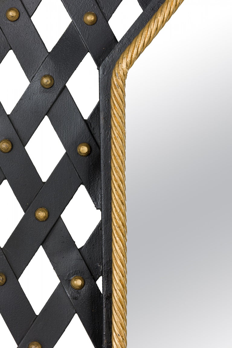 MidCentury Wall Mirror with Black Metal Lattice Frame and Gilt Detailing For Sale at 1stDibs