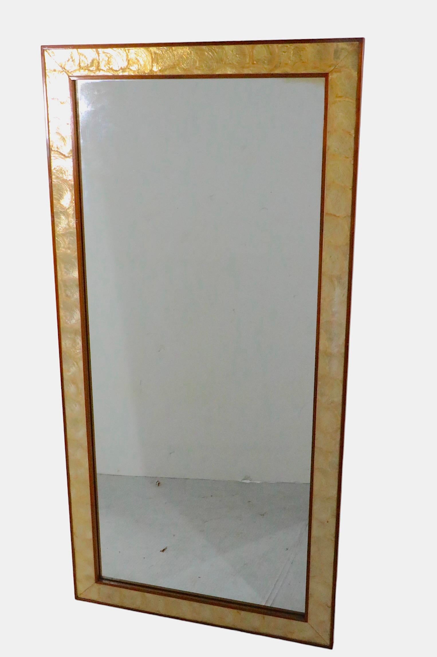 Mid Century Wall Mirror with Walnut and Capiz Shell Frame For Sale 1