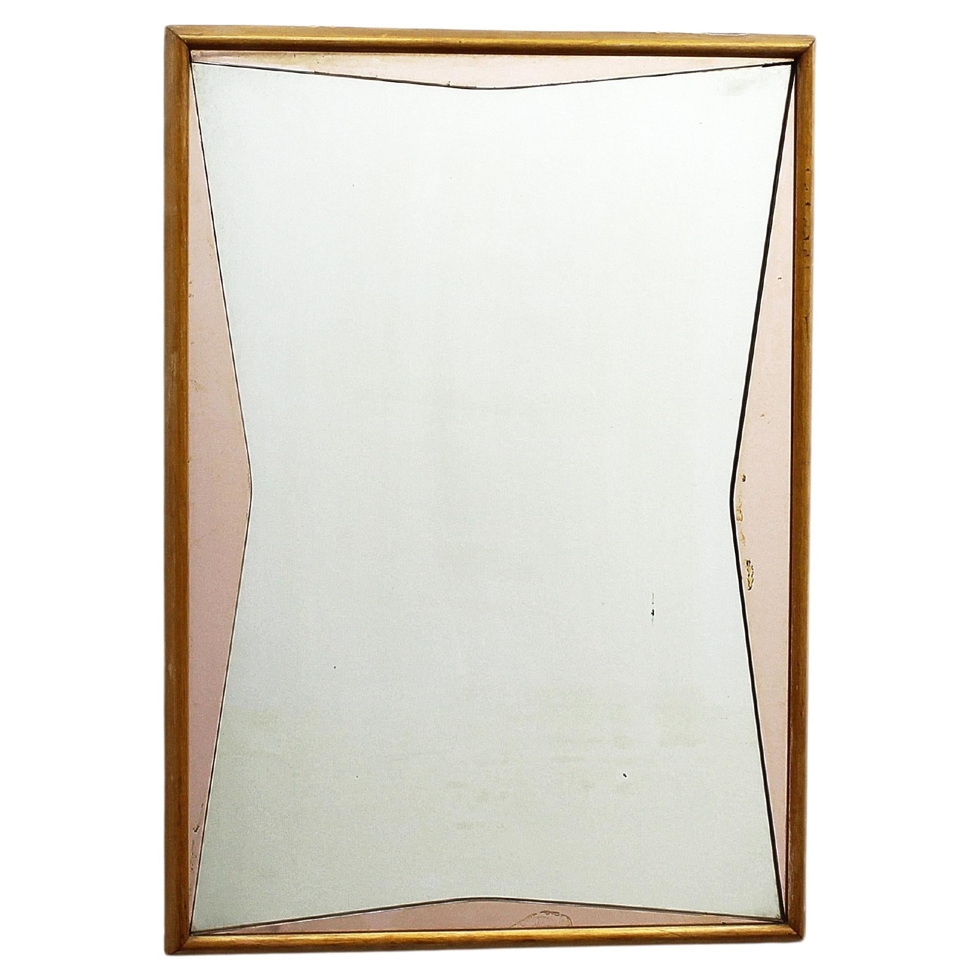 Mid-Century Wall Mirror with Wooden Frame and Pink Mirror Elements 60s Italy
