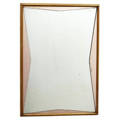 Mid-Century Wall Mirror with Wooden Frame and Pink Mirror Elements 60s Italy