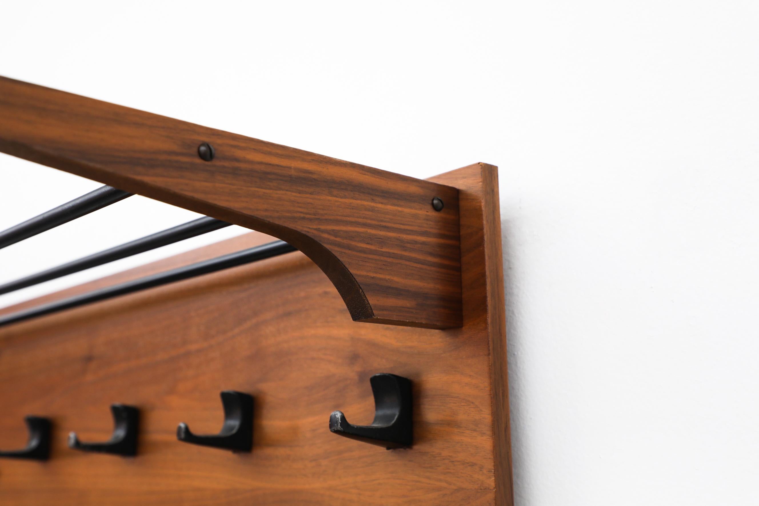 Mid-Century Teak Large Wall Mount Coat Rack with Mirror, Shelf, Hat Rack & Hooks For Sale 3