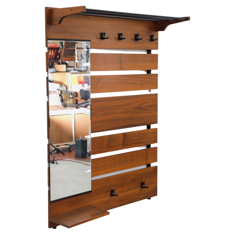 Century Rack Mid-Century Wall Mount Coat Rack with Mirror and Shelf For Sale at 1stDibs