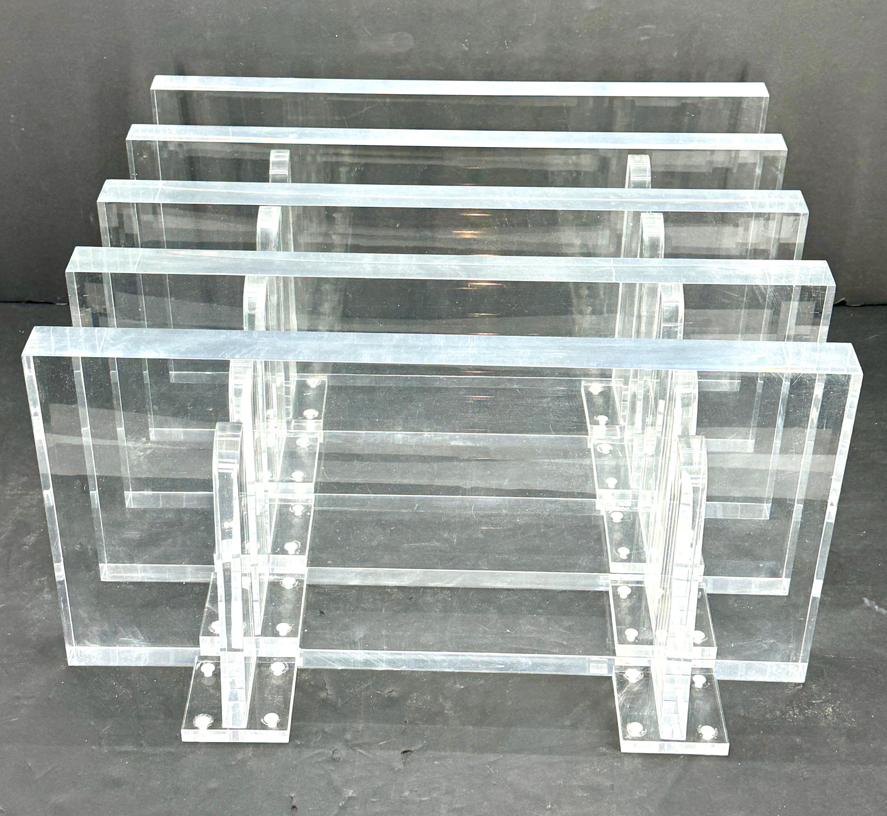 Impressive set of 5 mid-century modern thick solid wall shelves that disappear on the wall. The object is the feature when placed on the mounted shelves. Additionally, create a dramatic stage for a favorite piece of art or hang several to create a