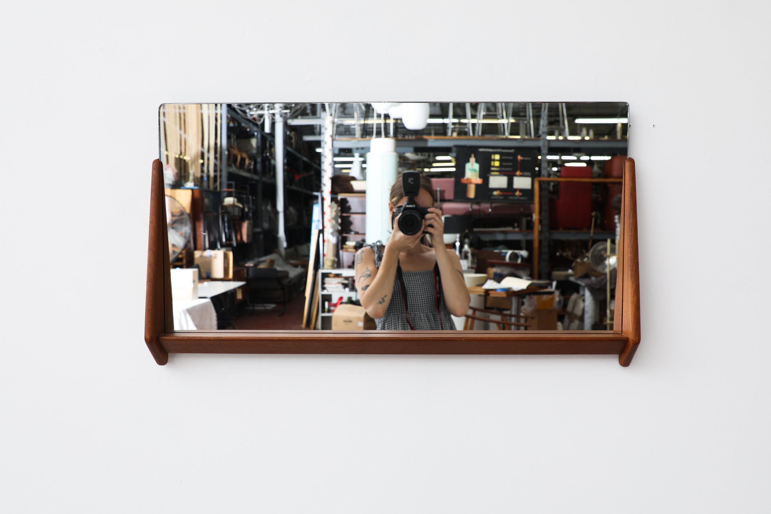 Mid-Century Modern Mid-Century Wall Mounted Mirror w/ Rounded Triangular Teak Frame & Lower Lip For Sale
