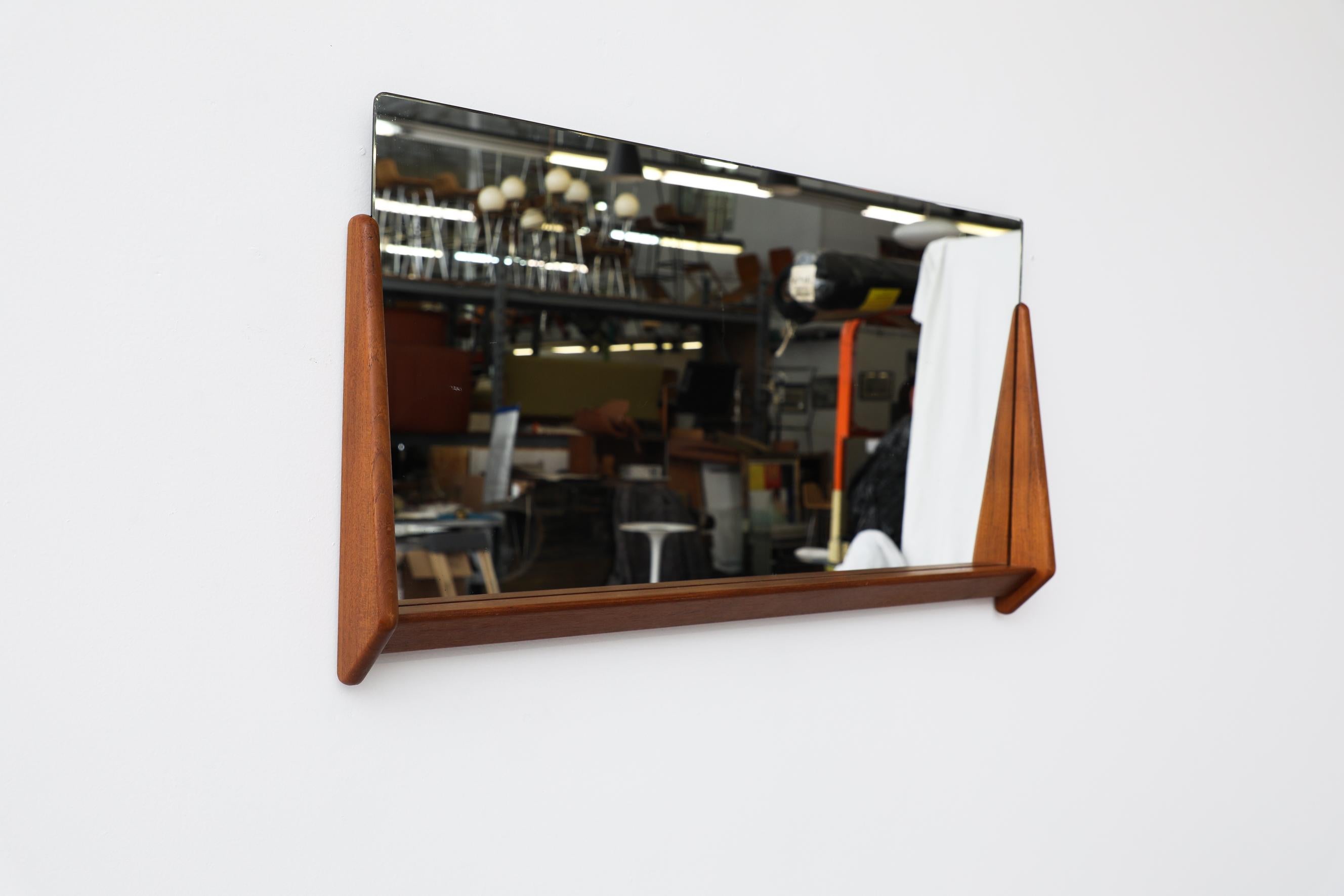 Dutch Mid-Century Wall Mounted Mirror w/ Rounded Triangular Teak Frame & Lower Lip For Sale