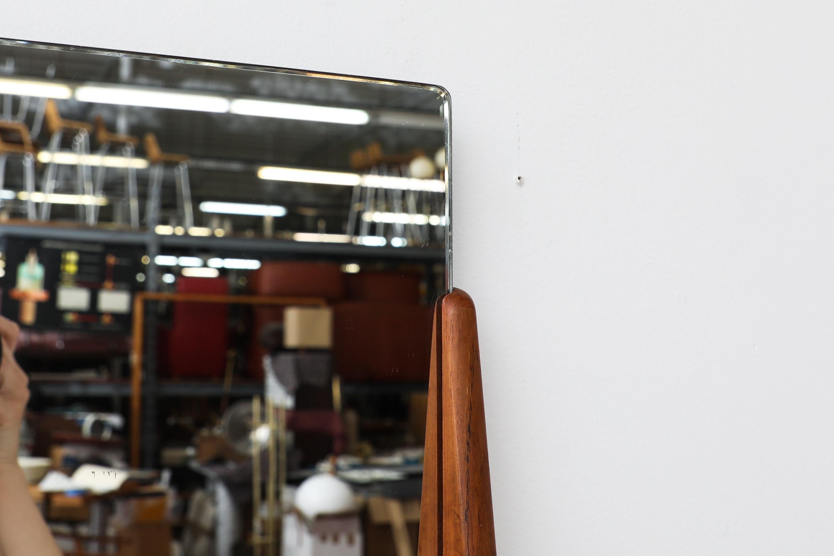 Mid-Century Wall Mounted Mirror w/ Rounded Triangular Teak Frame & Lower Lip For Sale 3
