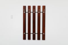 Mid-Century Rosewood Wall Mounted Coat Rack with Cast Aluminum Hooks