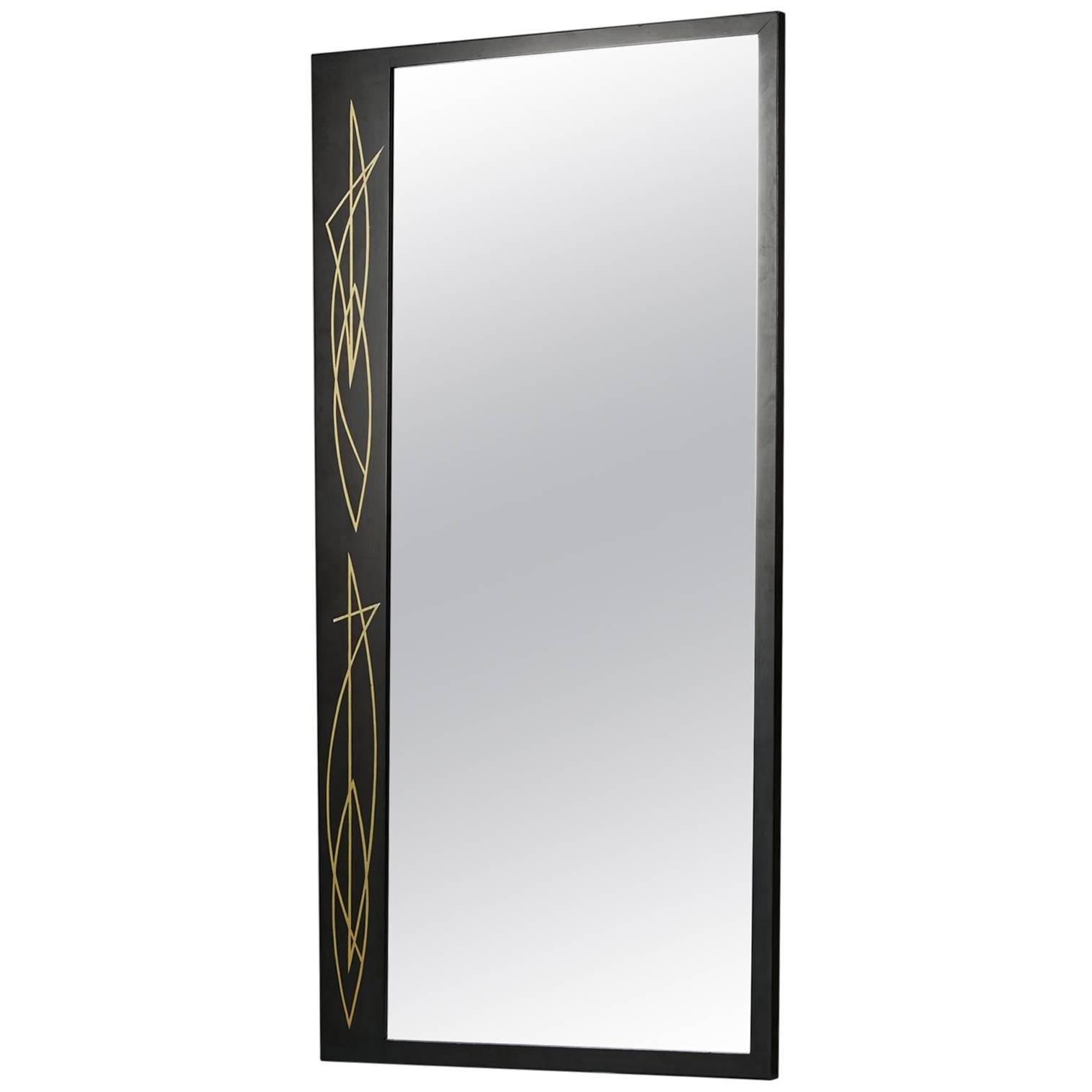 Miroir Rectangulaire Mural Milieu de Siècle Années 50 Laqué Noir Détail Laiton