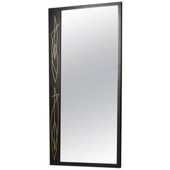 Mid Century Wall Rectangular Mirror 1950s Black Lacquered Detail Brass Detail