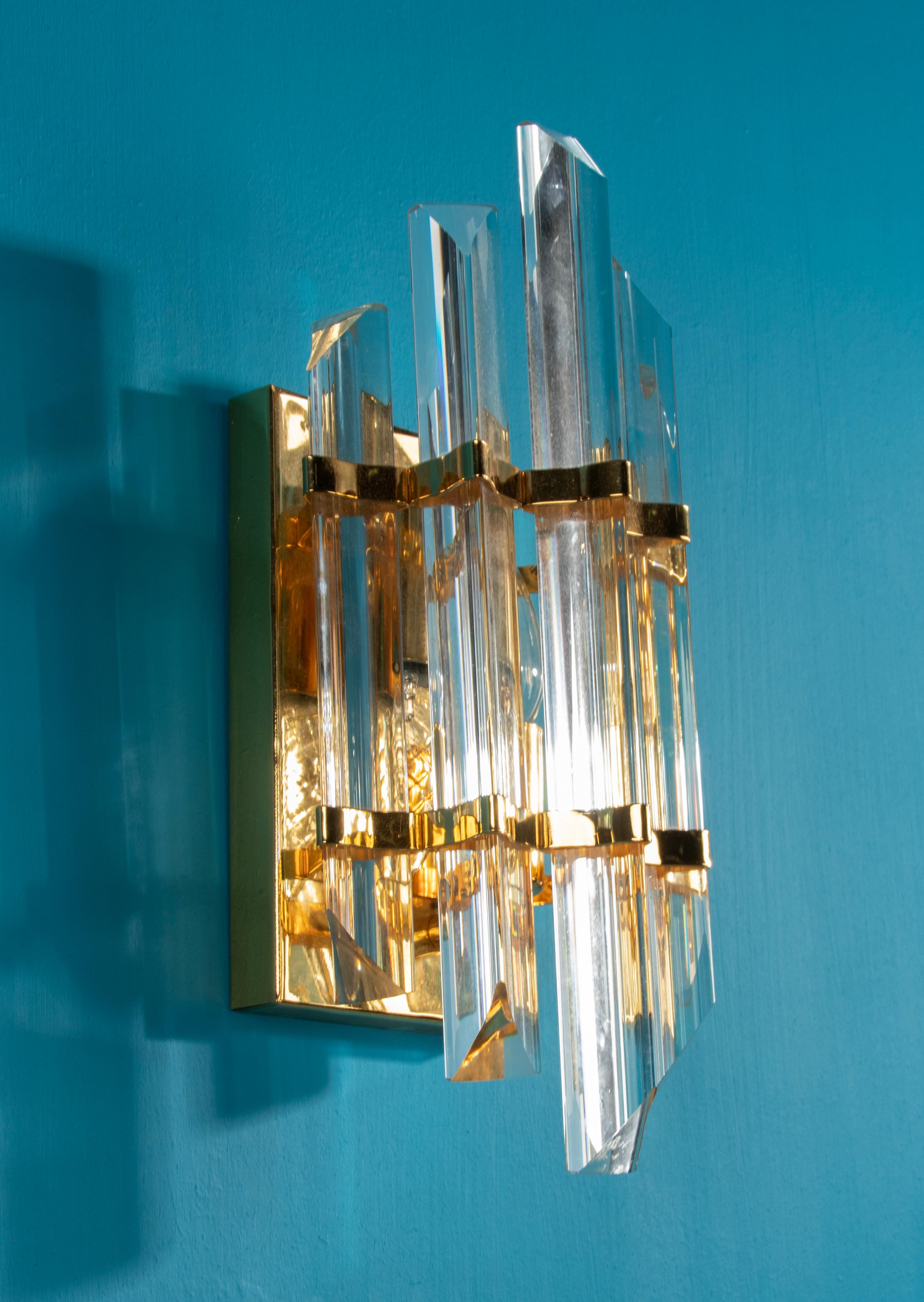 Hollywood Regency Mid-Century Wall Sconce with Murano Crystal Prism Glass Drops For Sale