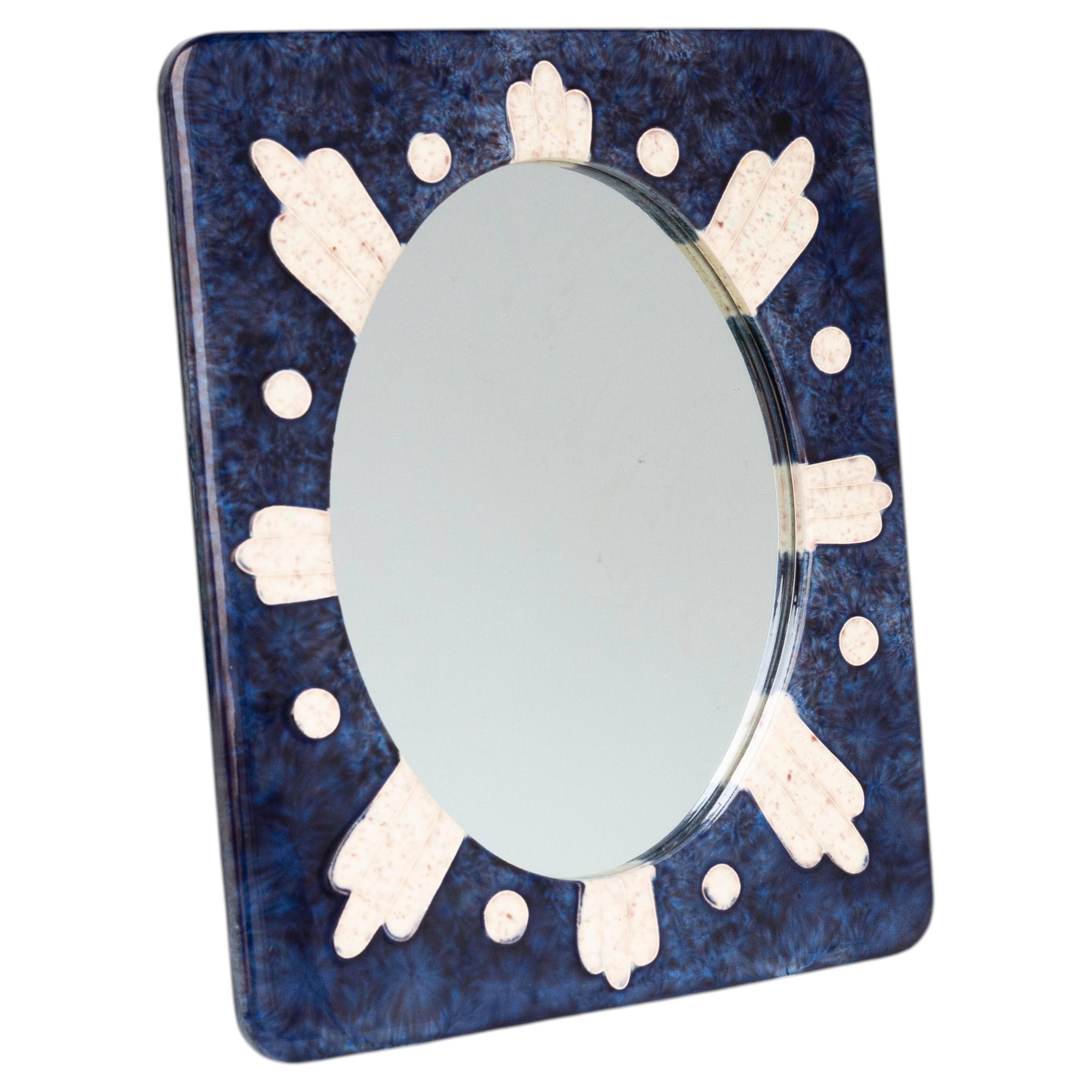 Mid-Century Wall & Table Mirror in Glazed Ceramic - Blue & White Enamel - 1960s For Sale