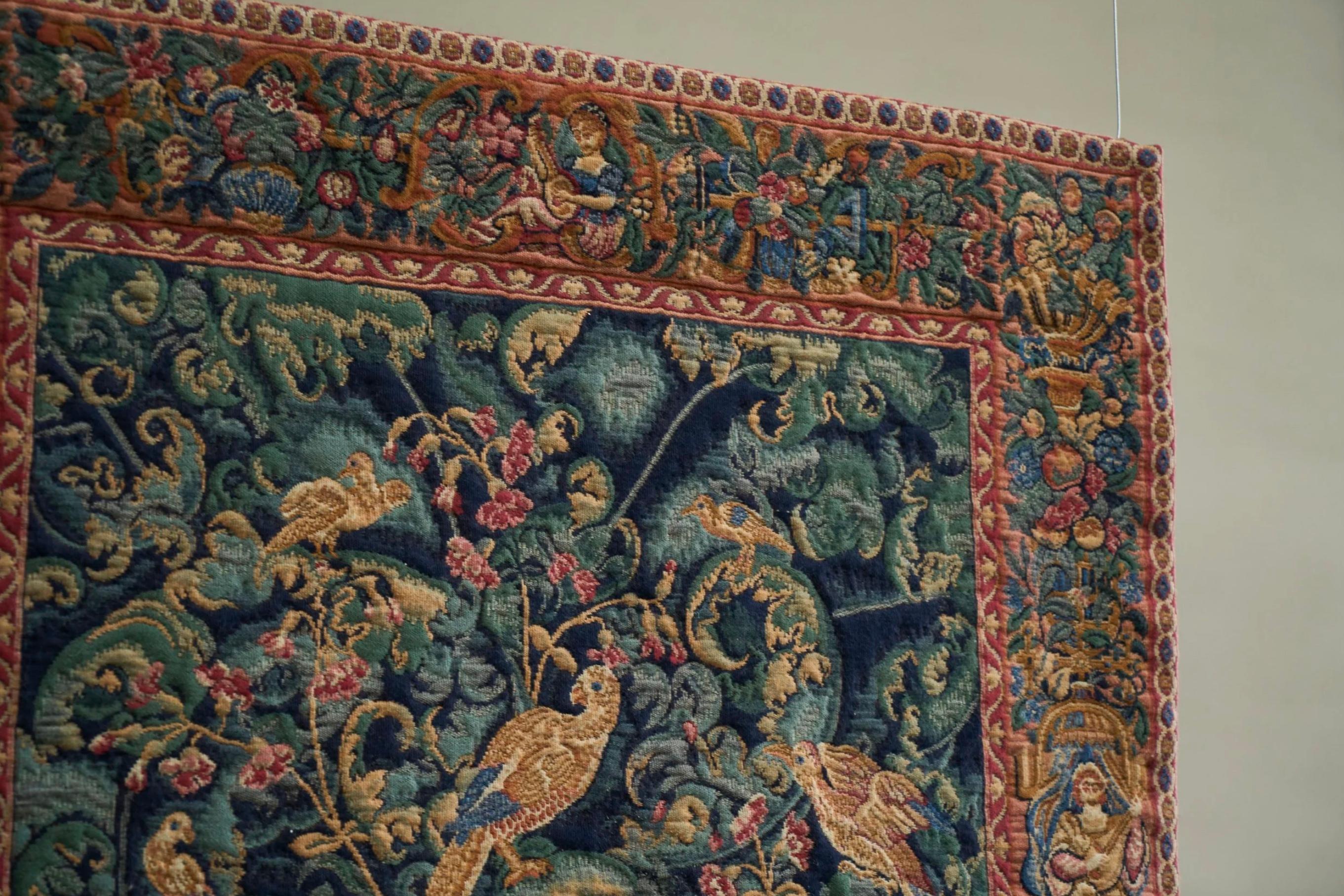 Mid Century Wall Tapestry with Birds, Animals and Foliage Belgium 1960s In Good Condition For Sale In Meer, VAN