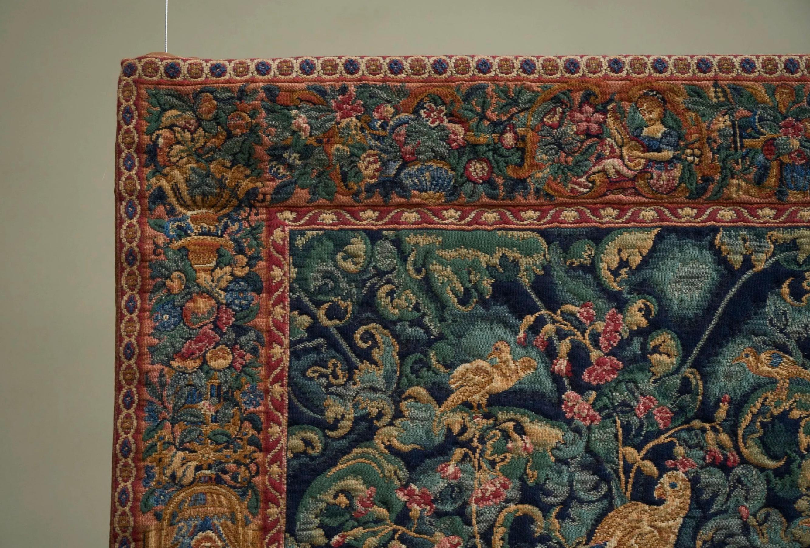 Fabric Mid Century Wall Tapestry with Birds, Animals and Foliage Belgium 1960s For Sale