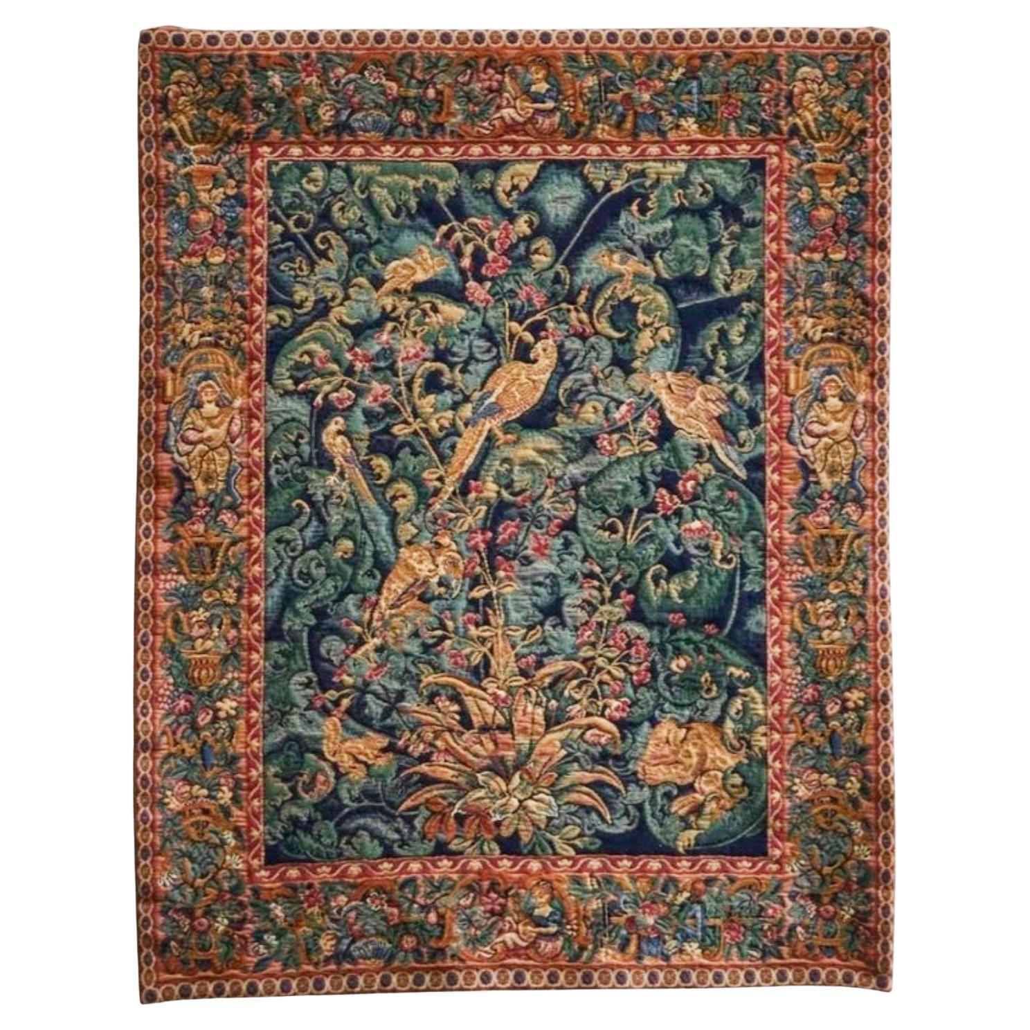 Mid Century Wall Tapestry with Birds, Animals and Foliage Belgium 1960s For Sale
