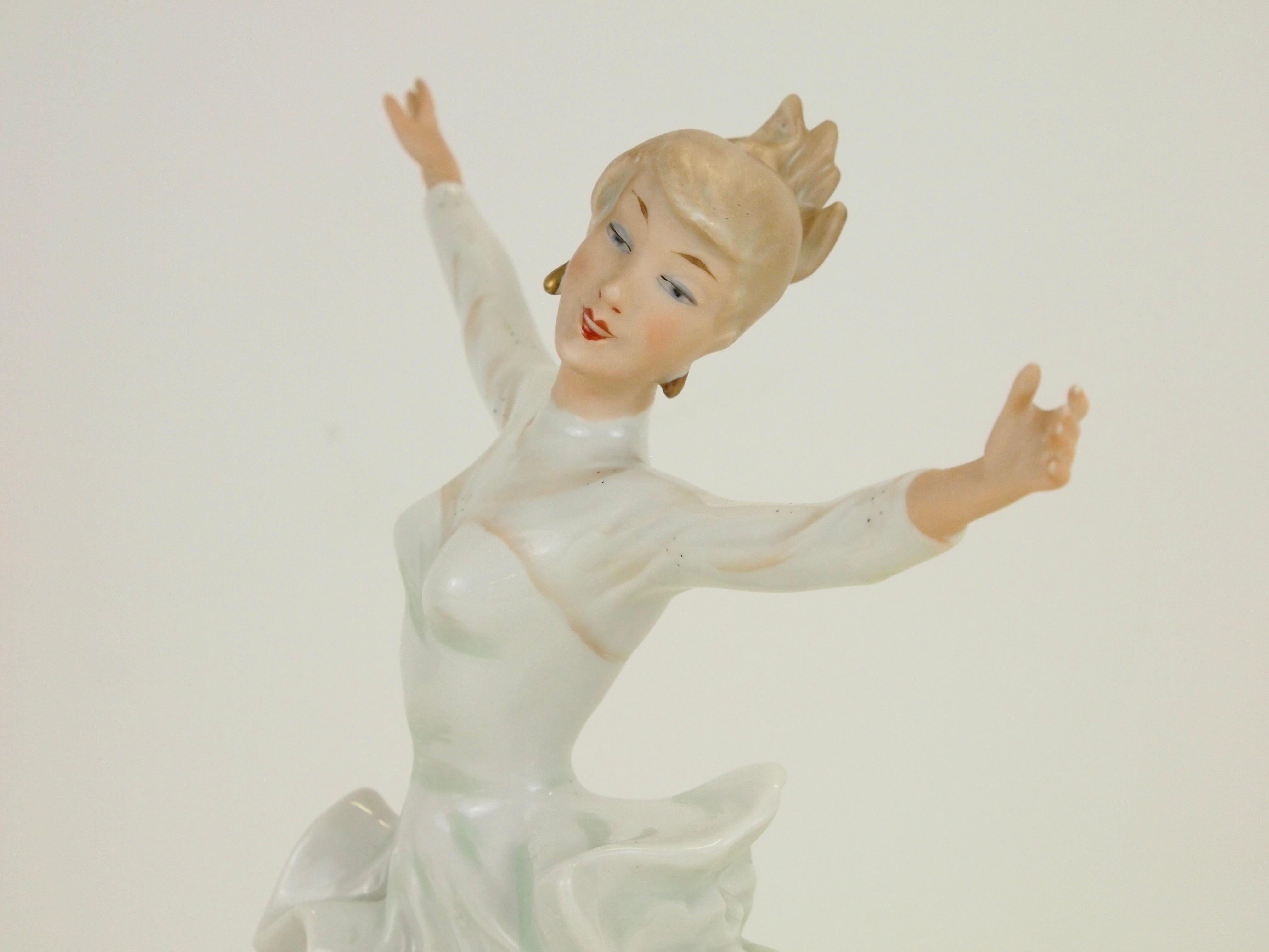 Midcentury Wallendorf Porcelain Figurine Depicting Figure Skater Sonja Henie For Sale 3