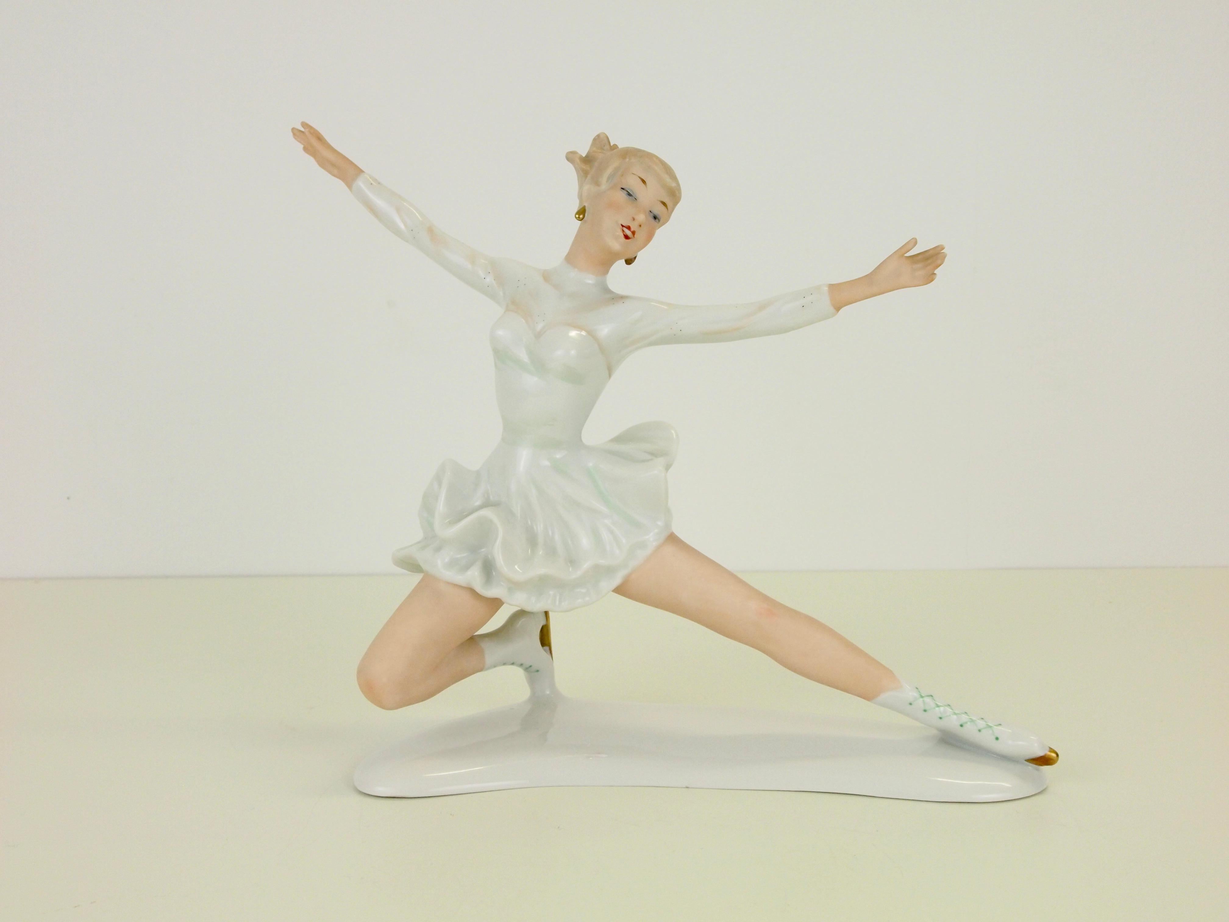 Very delicate hand painted porcelain figurine depicting the famous female figure skater from the former midcentury era Sonja Henie.

This figurine is made in German of high quality porcelain with very fine hand painted soft tones and fine golden