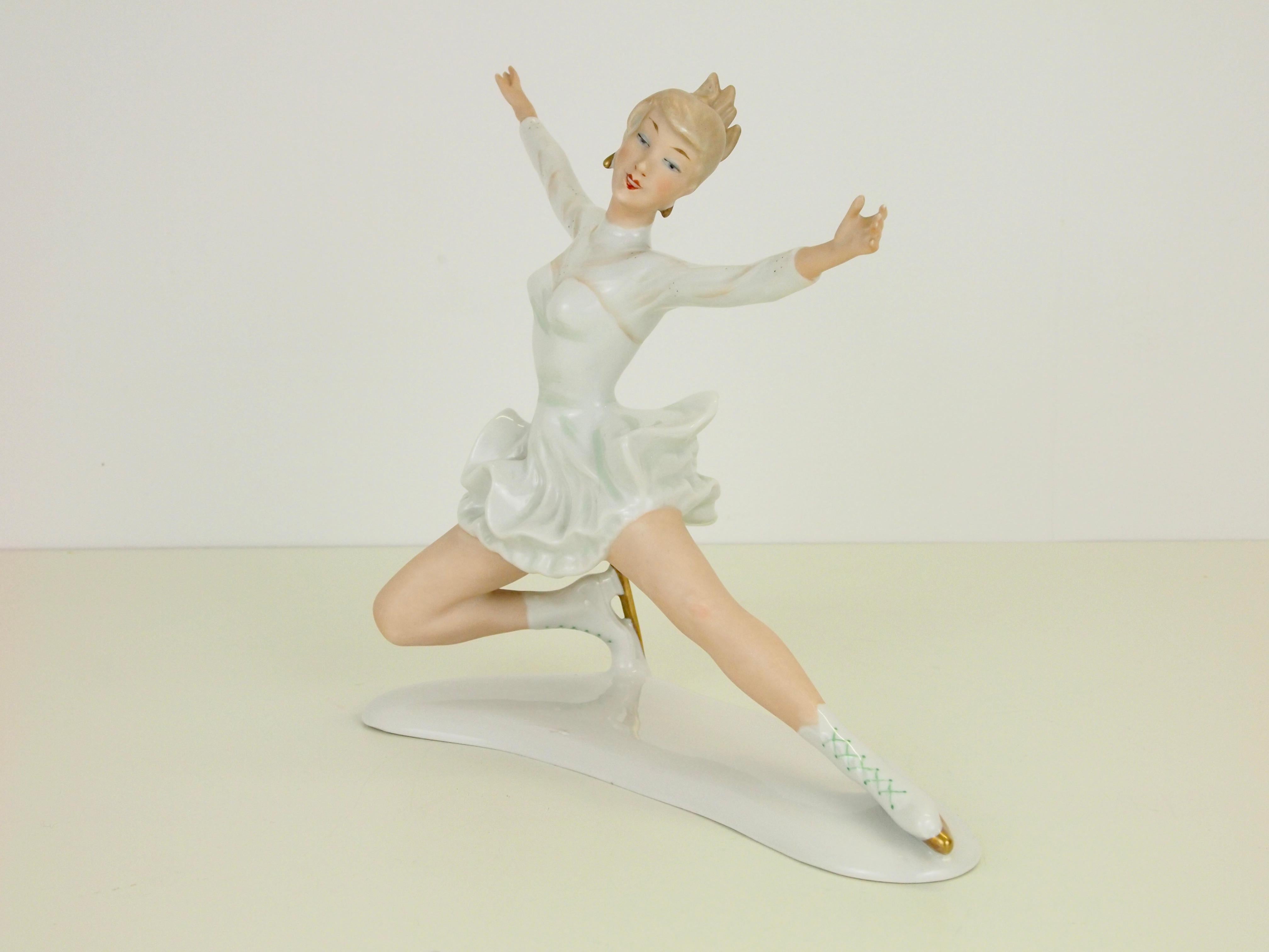 German Midcentury Wallendorf Porcelain Figurine Depicting Figure Skater Sonja Henie For Sale